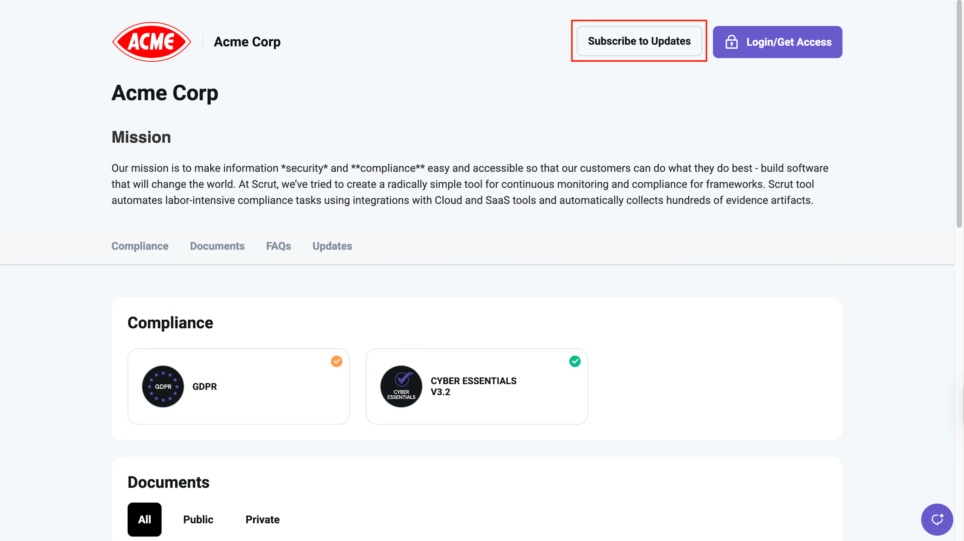 Subscribe to Updates option on the Trust Portal Overview