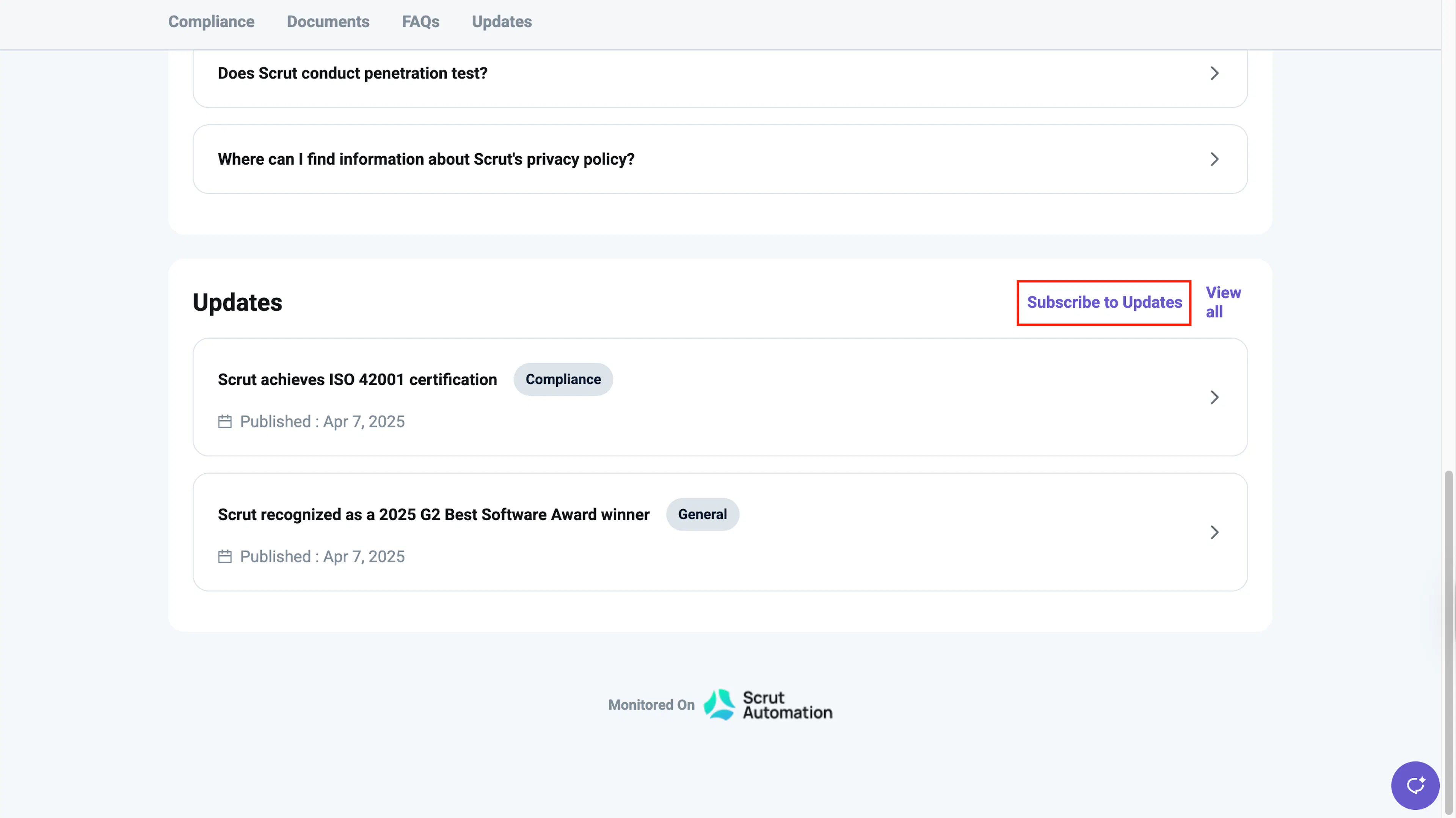 Subscribe to Updates option in the Updates section