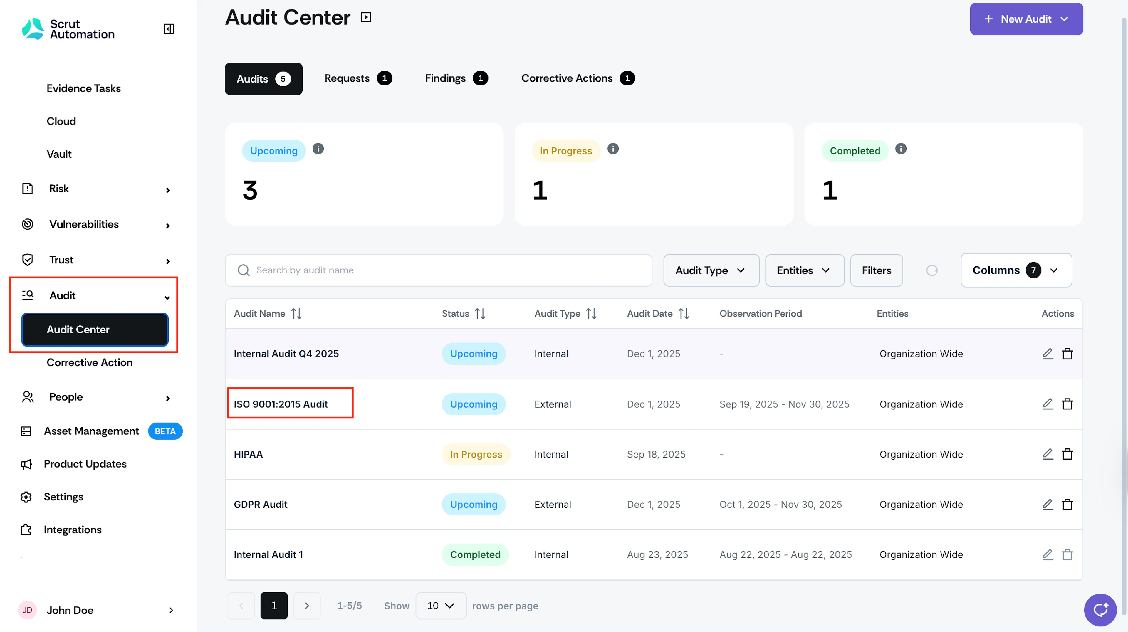 Selecting an audit from the Audit Center