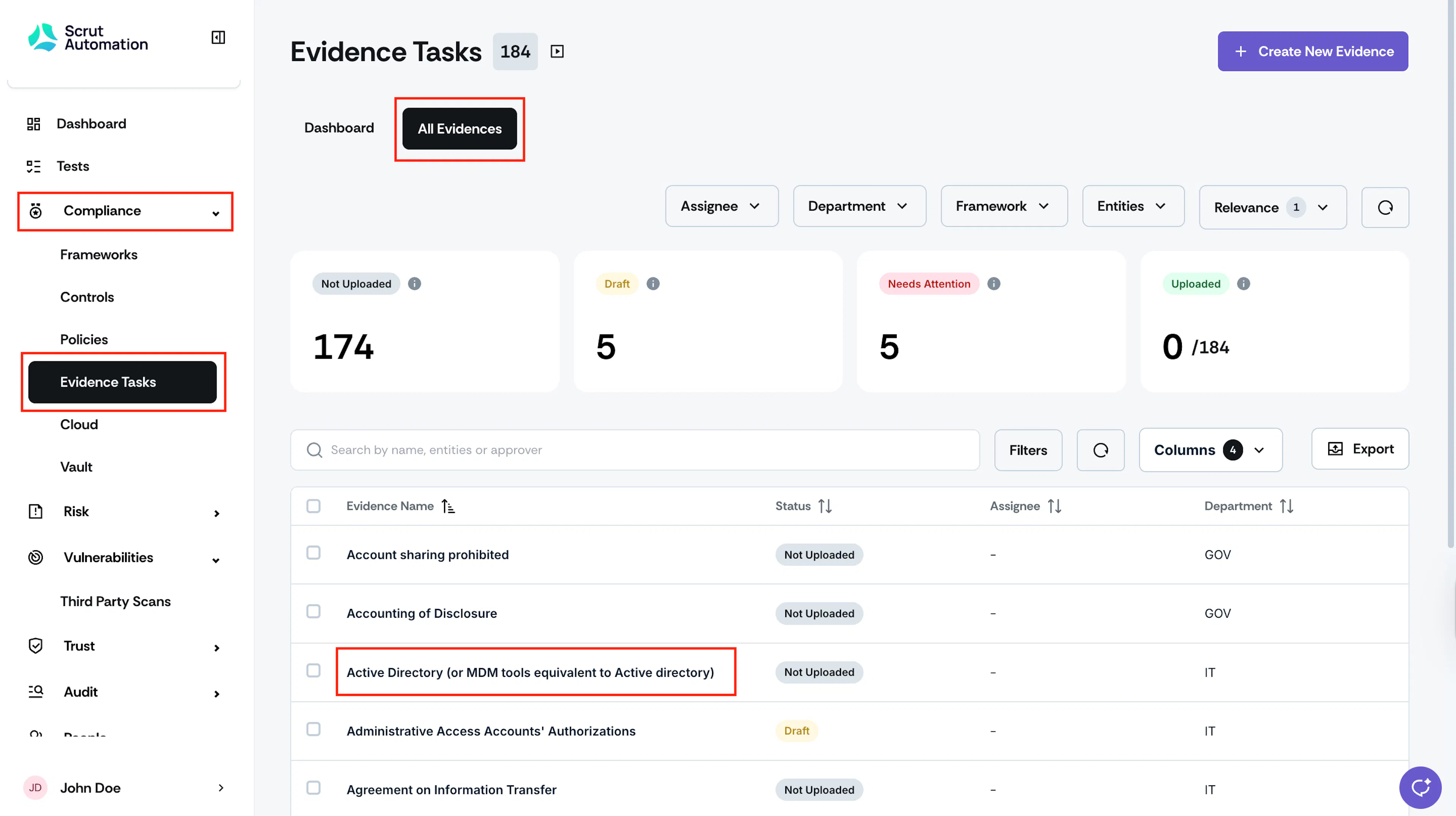 Selecting an evidence task from the All Evidences tab