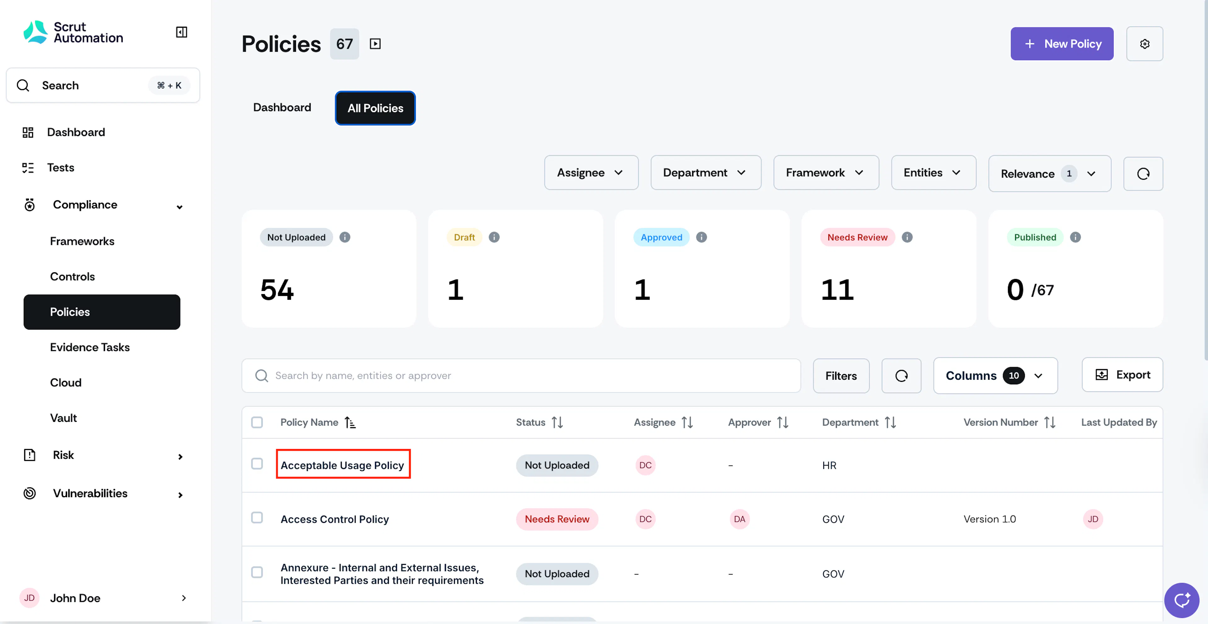 Selecting a policy from the All Policies tab