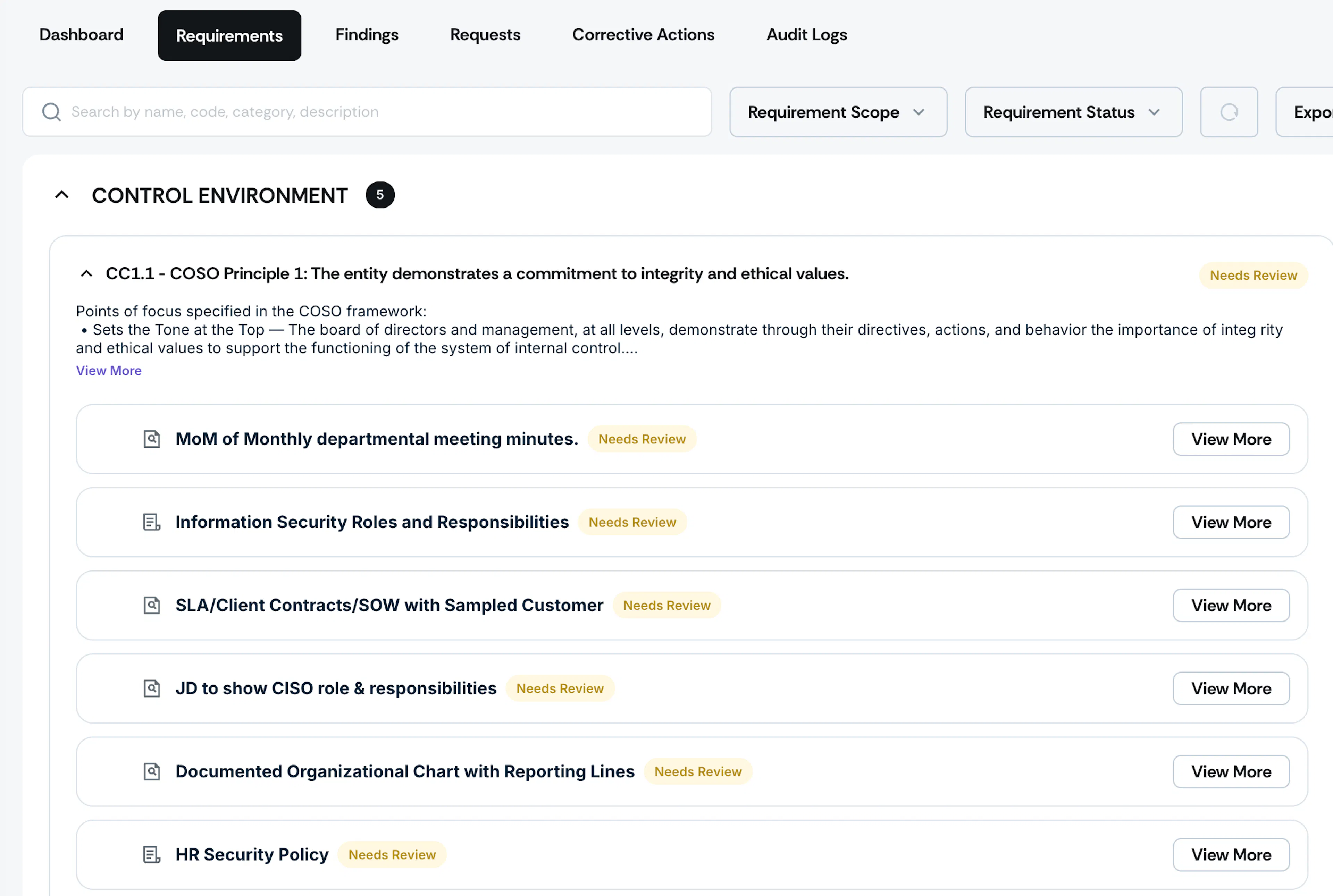 Audit requirement tab