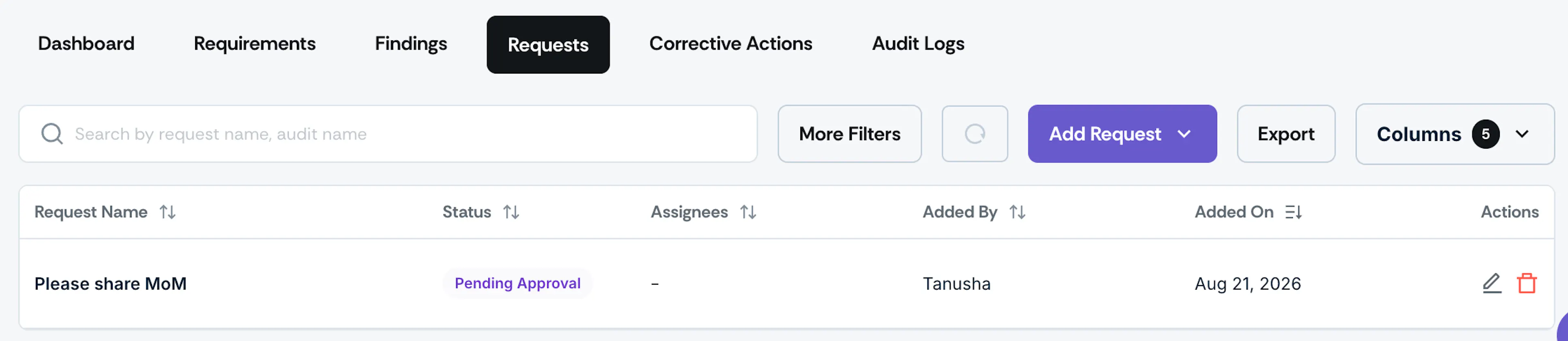 Audit requests tab