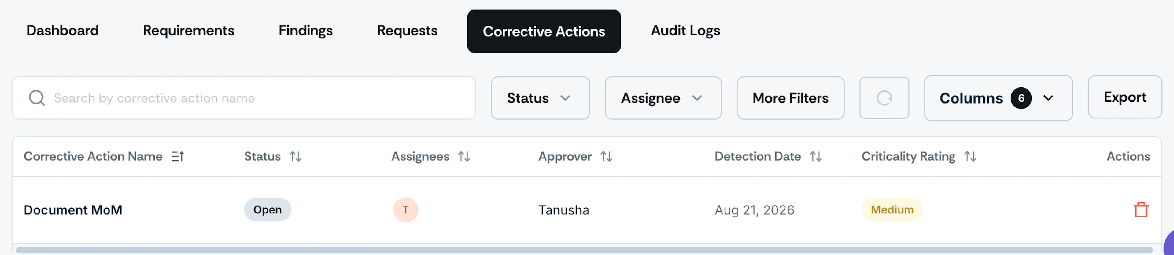 Audit corrective actions tab
