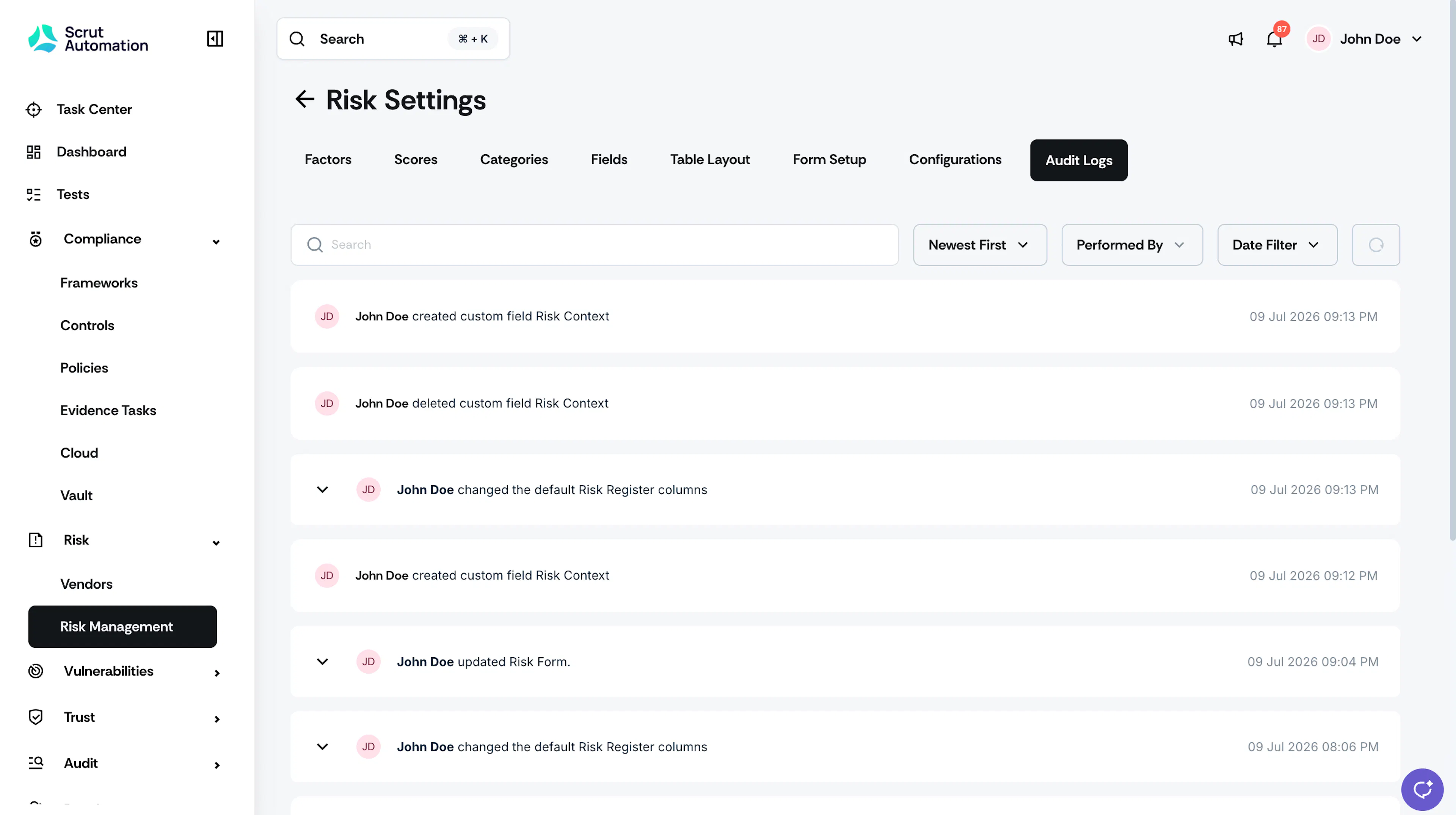 risk settings audit logs