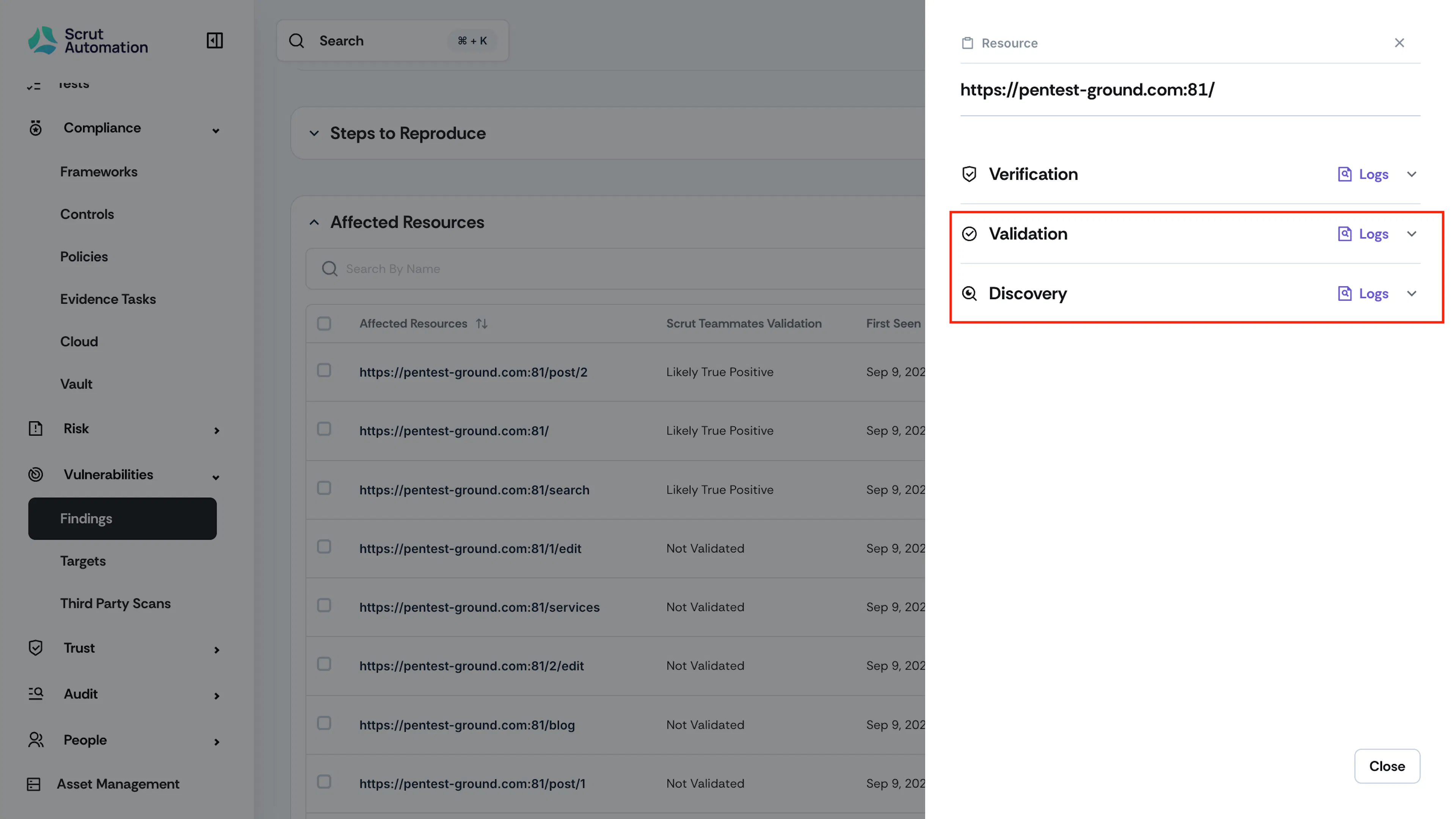 Affected Resource Drawer PTaaS Lite