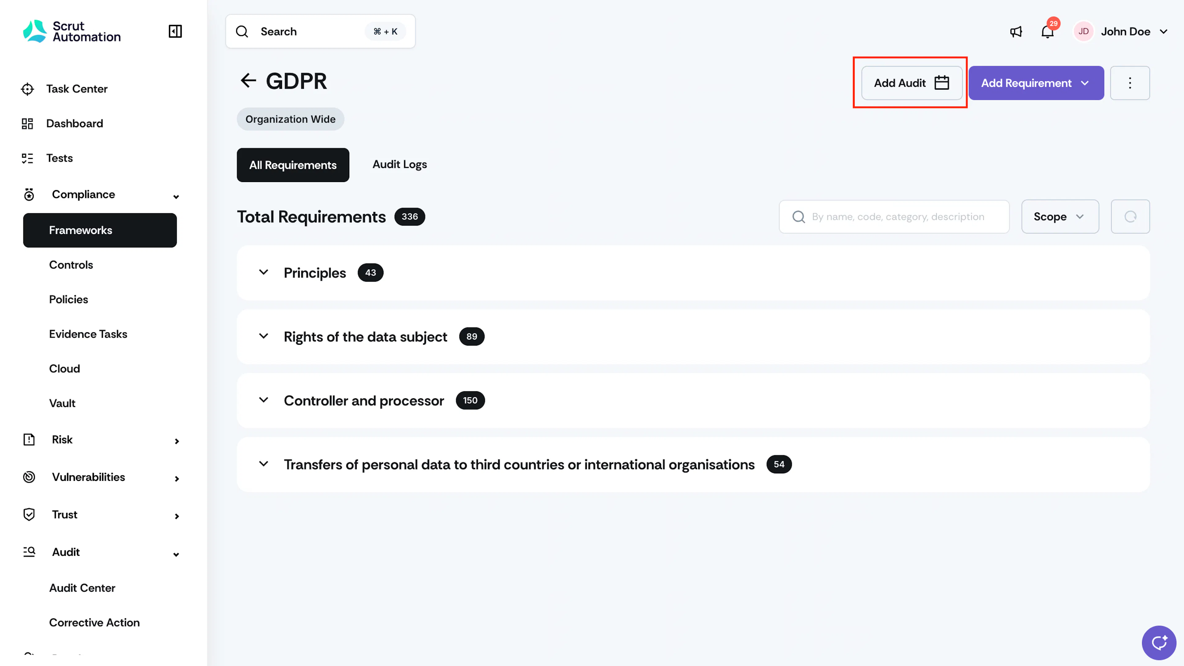Add Audit from Frameworks Page