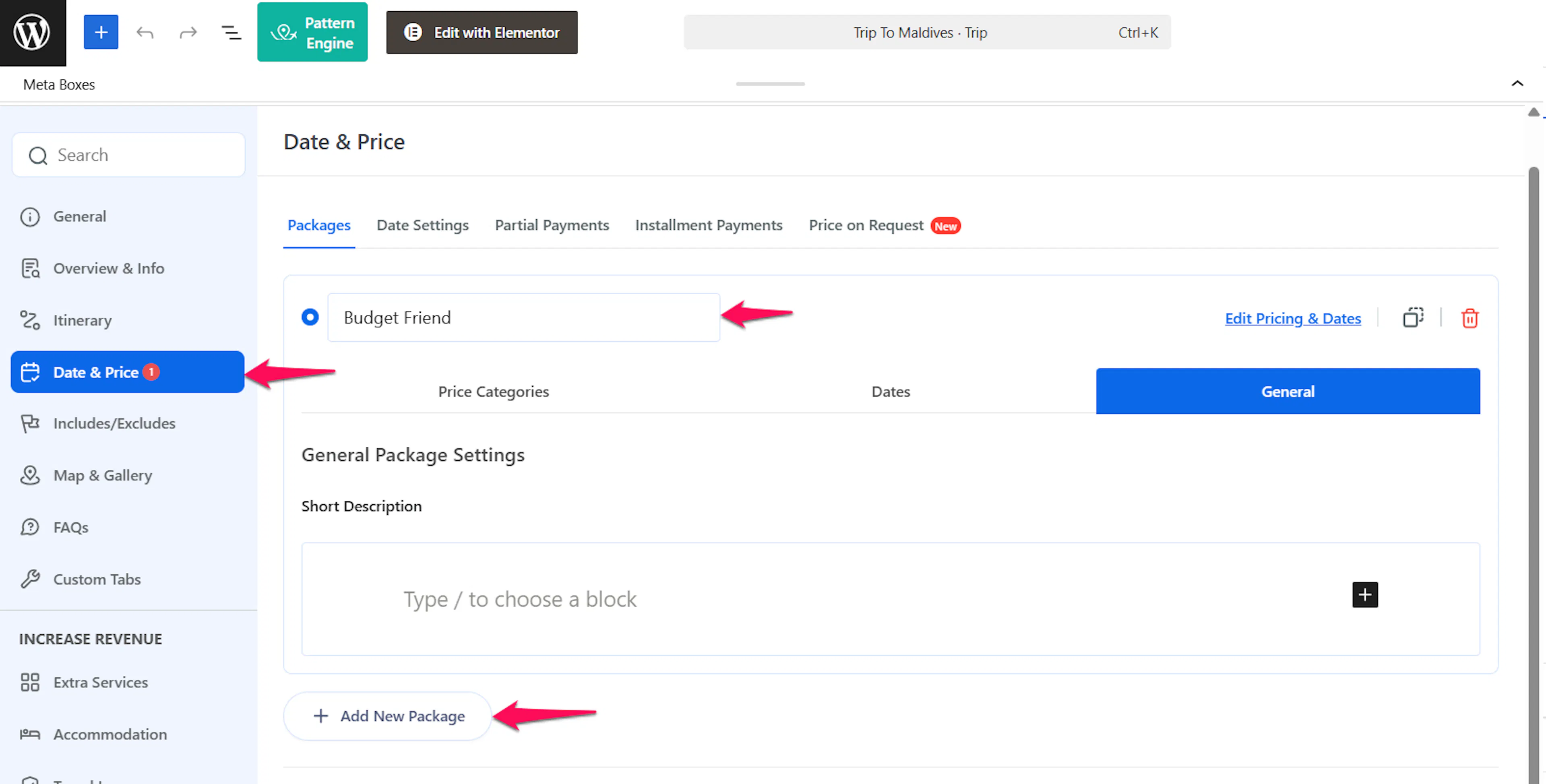 Adding a new package in the Date and Price tab