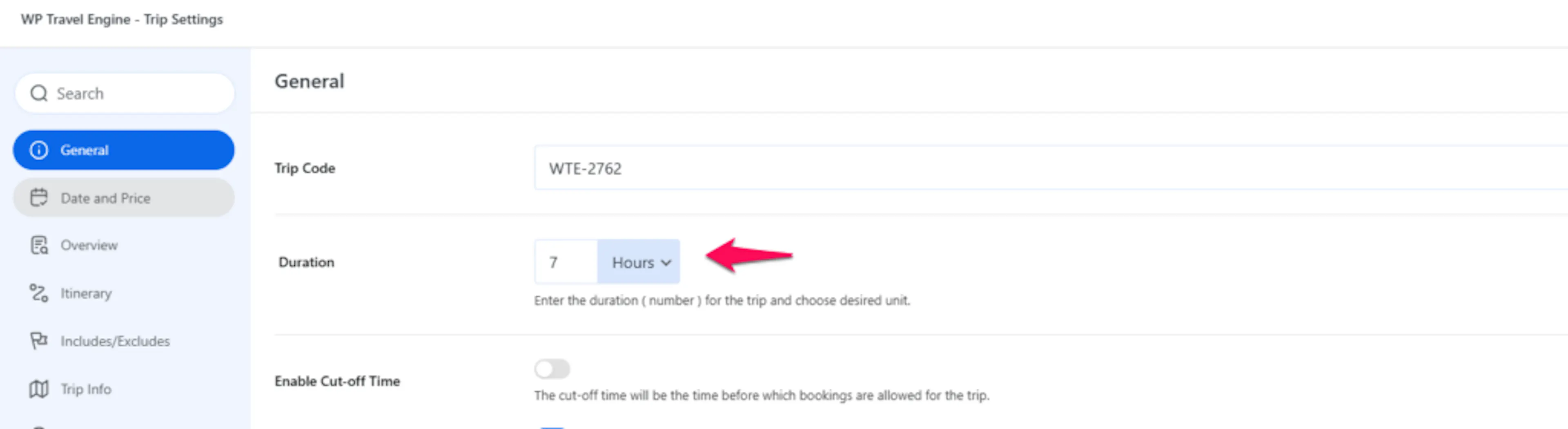 Setting trip duration in hours on the General tab