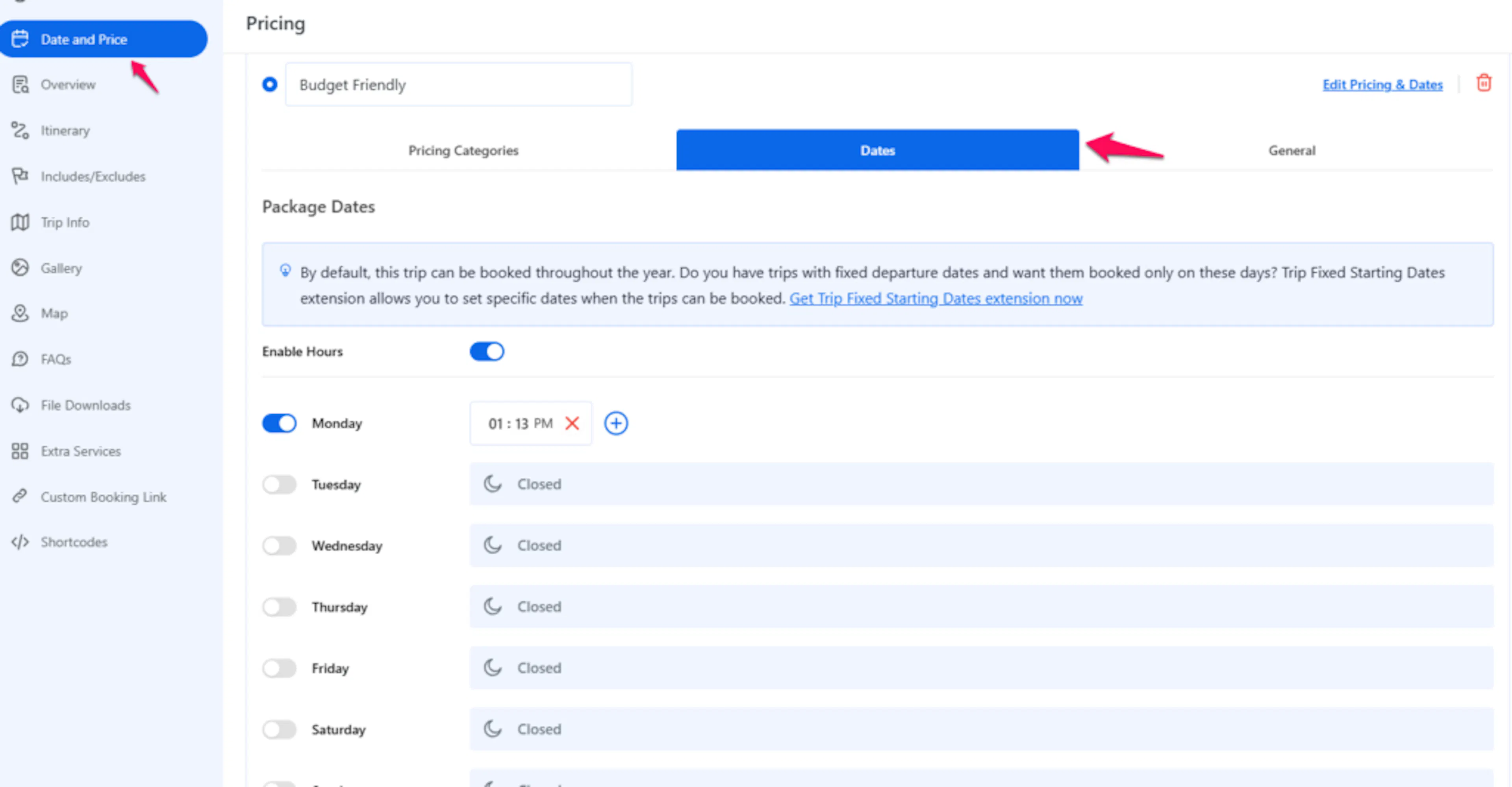 Package dates and start time settings