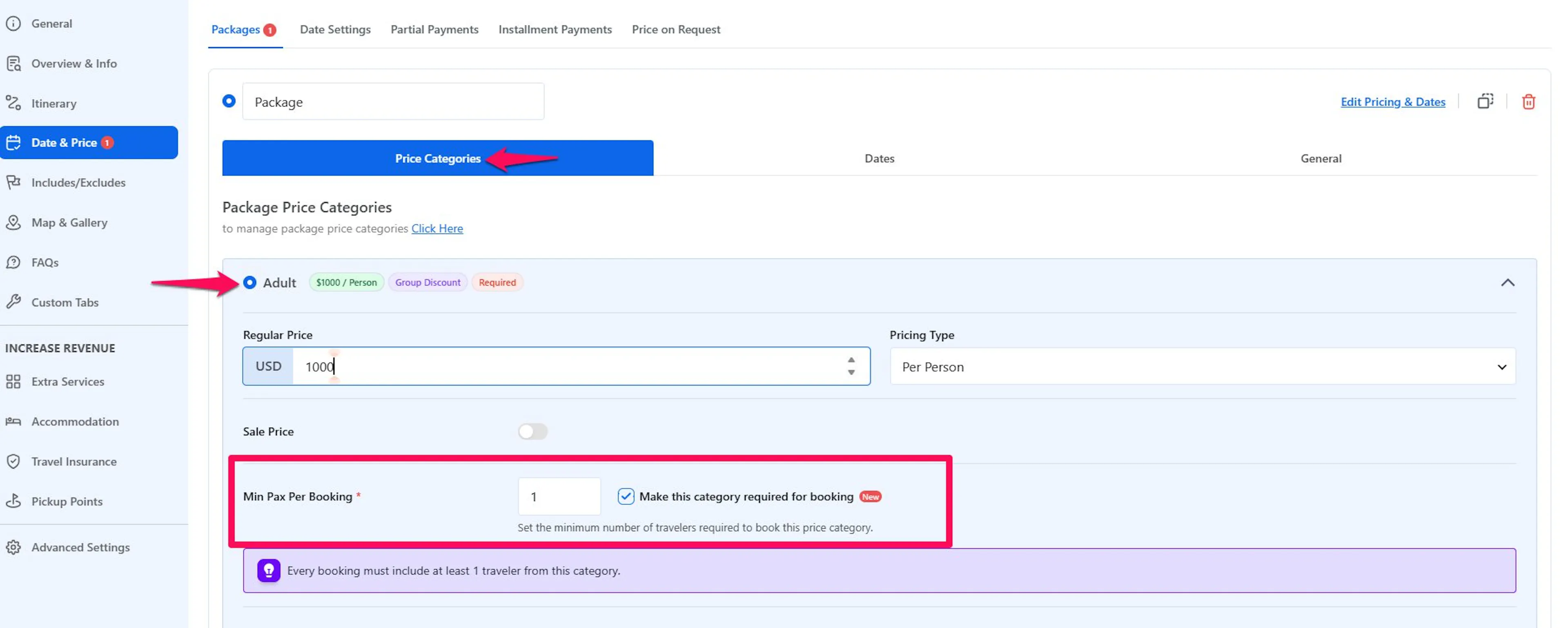 Setting the minimum number of travelers and making a pricing category required for booking