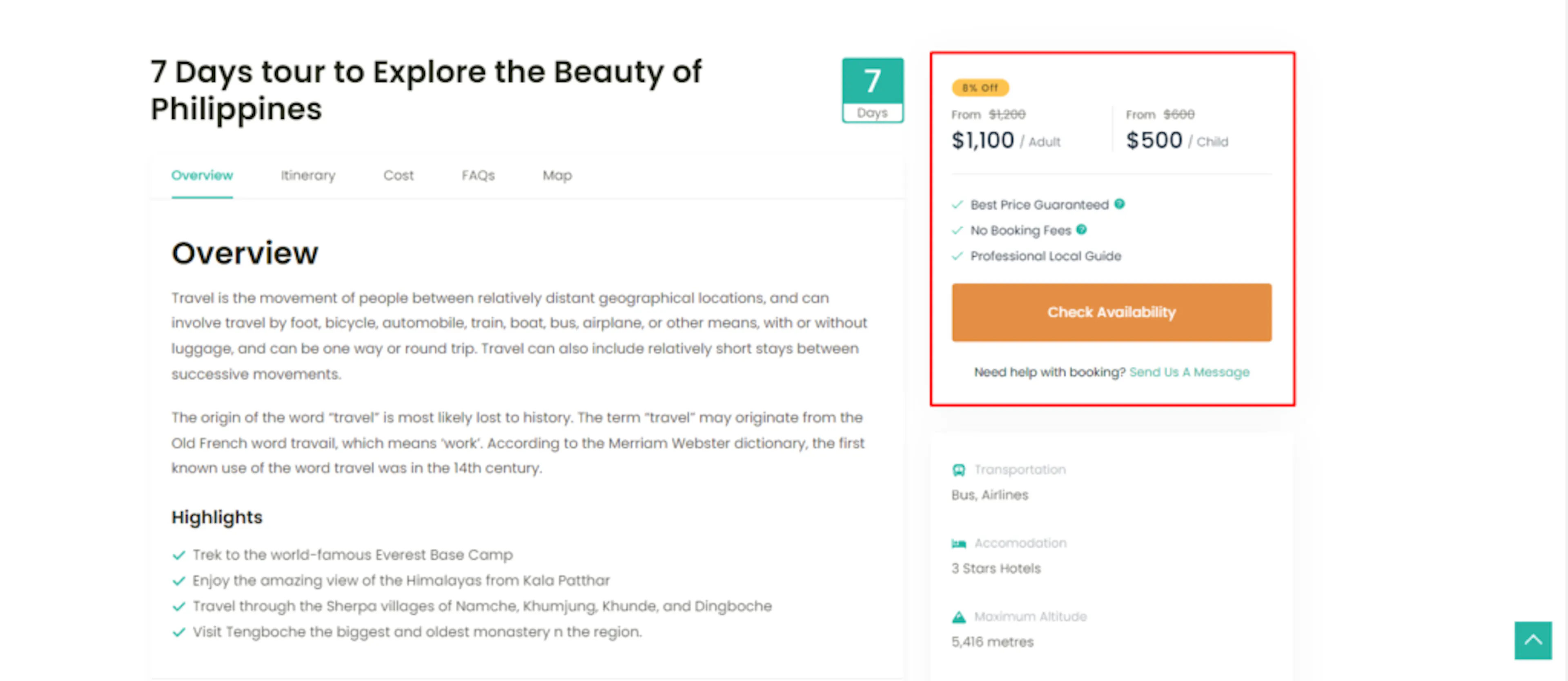 Single trip page with the Booking Form visible in the sidebar