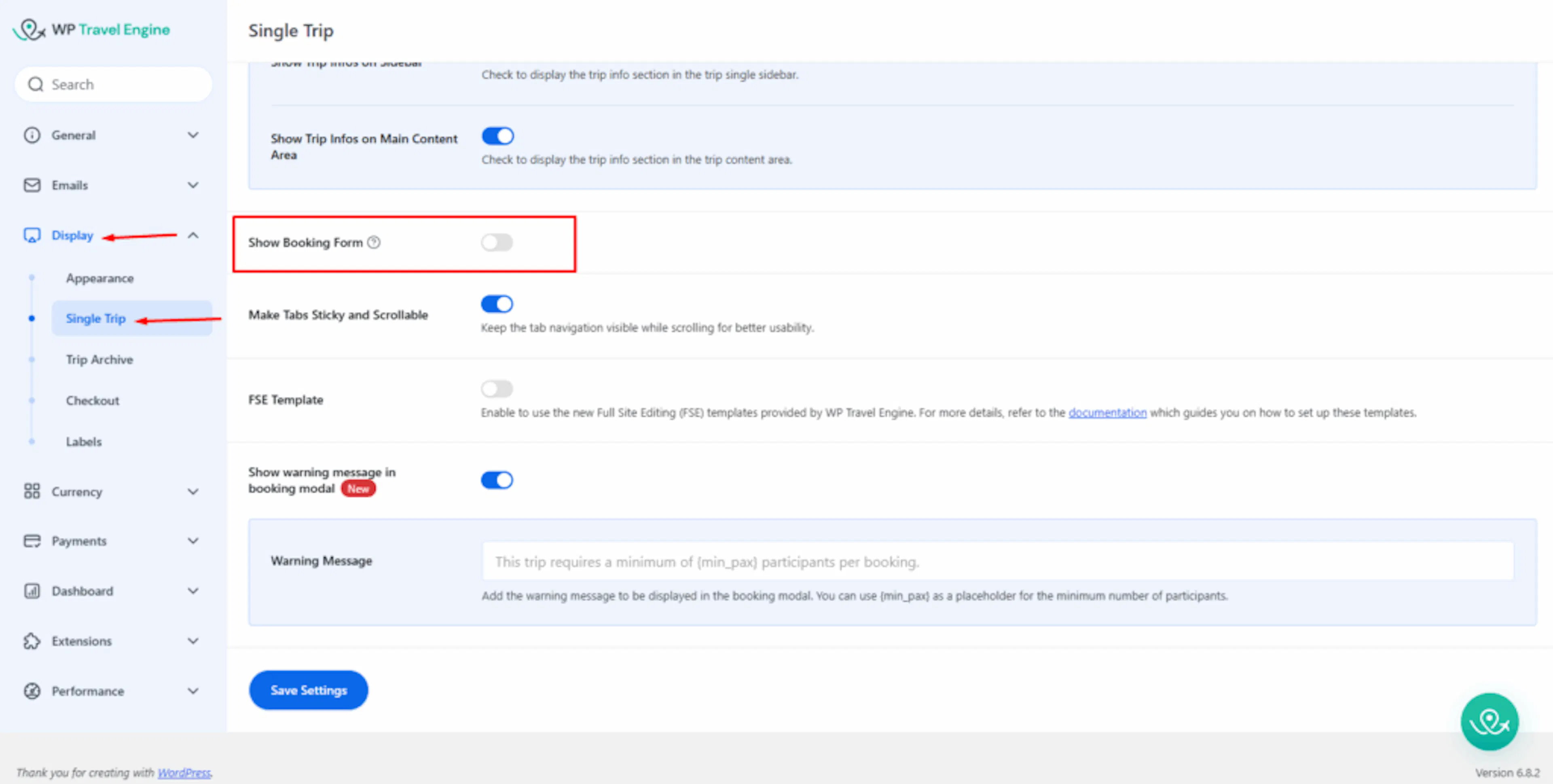 Show Booking Form toggle in Single Trip Display settings