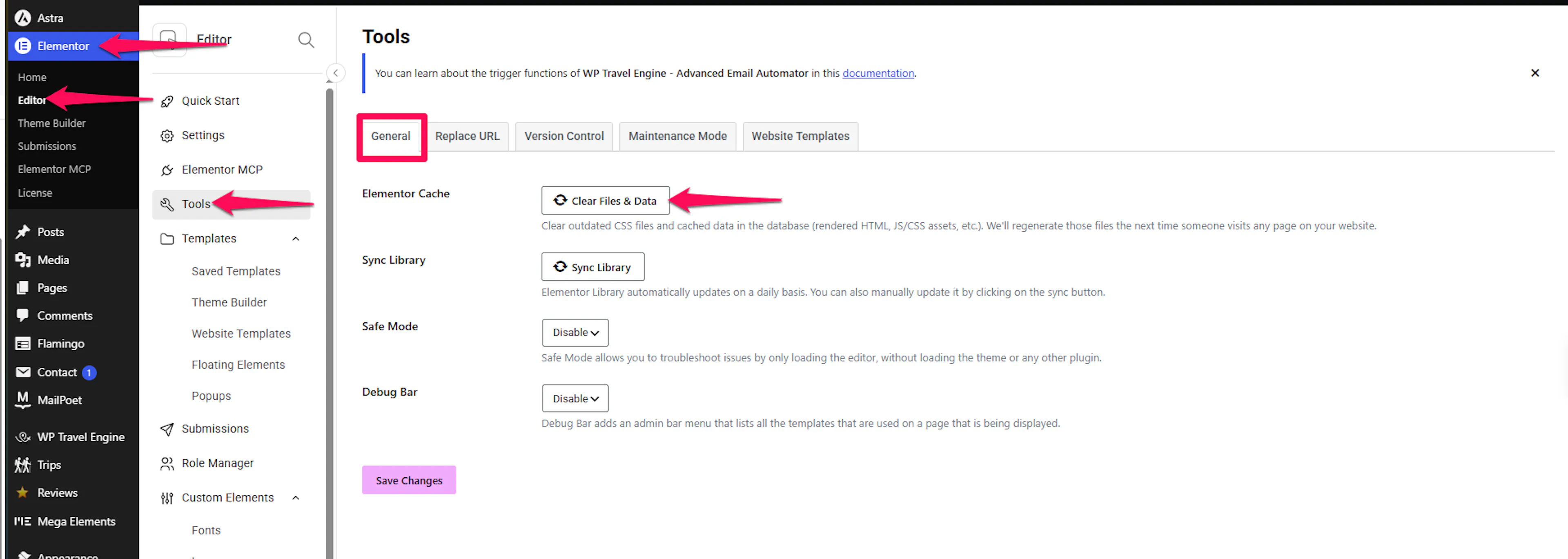 Elementor Tools page showing the Clear Files & Data button on the General tab