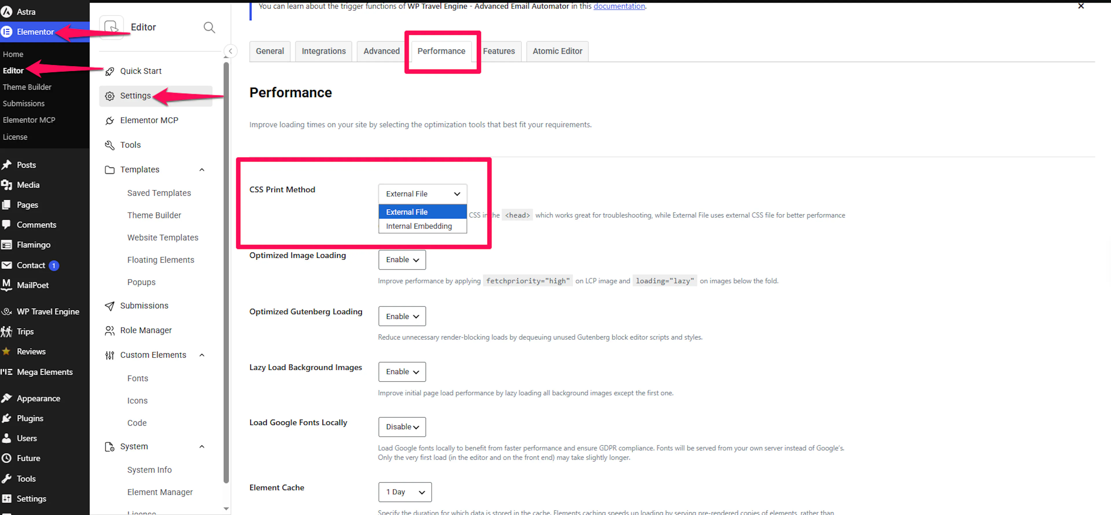 Elementor Settings page showing the CSS Print Method dropdown set to External File