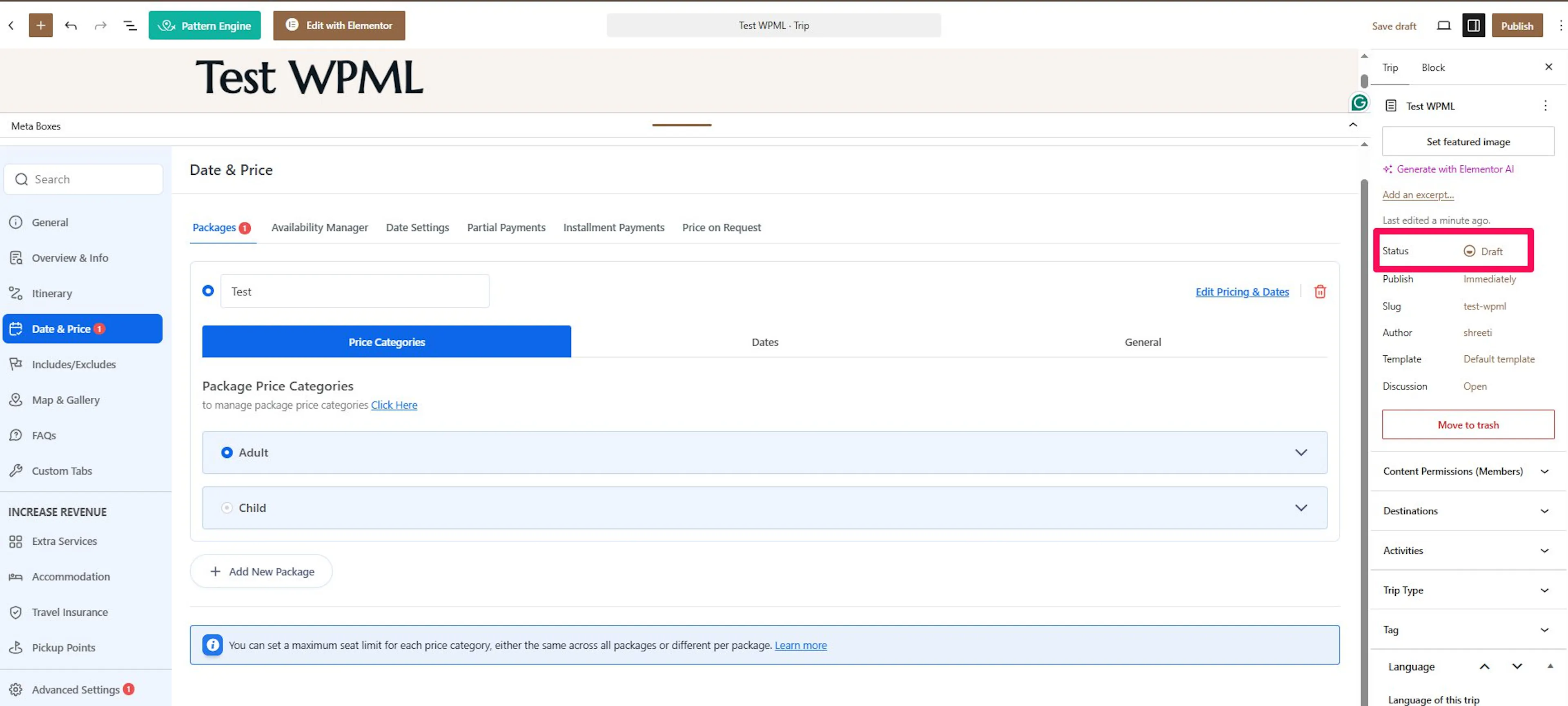 Trip translation workflow with the default-language trip set to Draft
