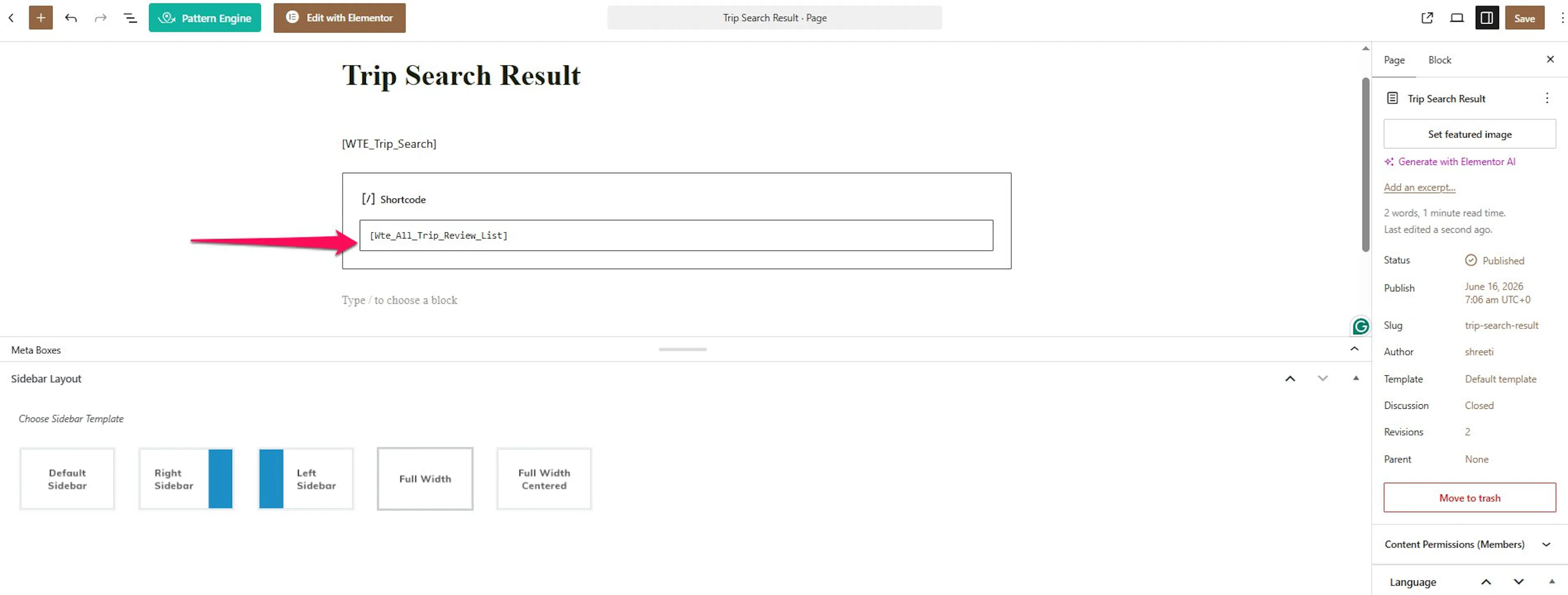 WordPress page editor with the all trip reviews shortcode added