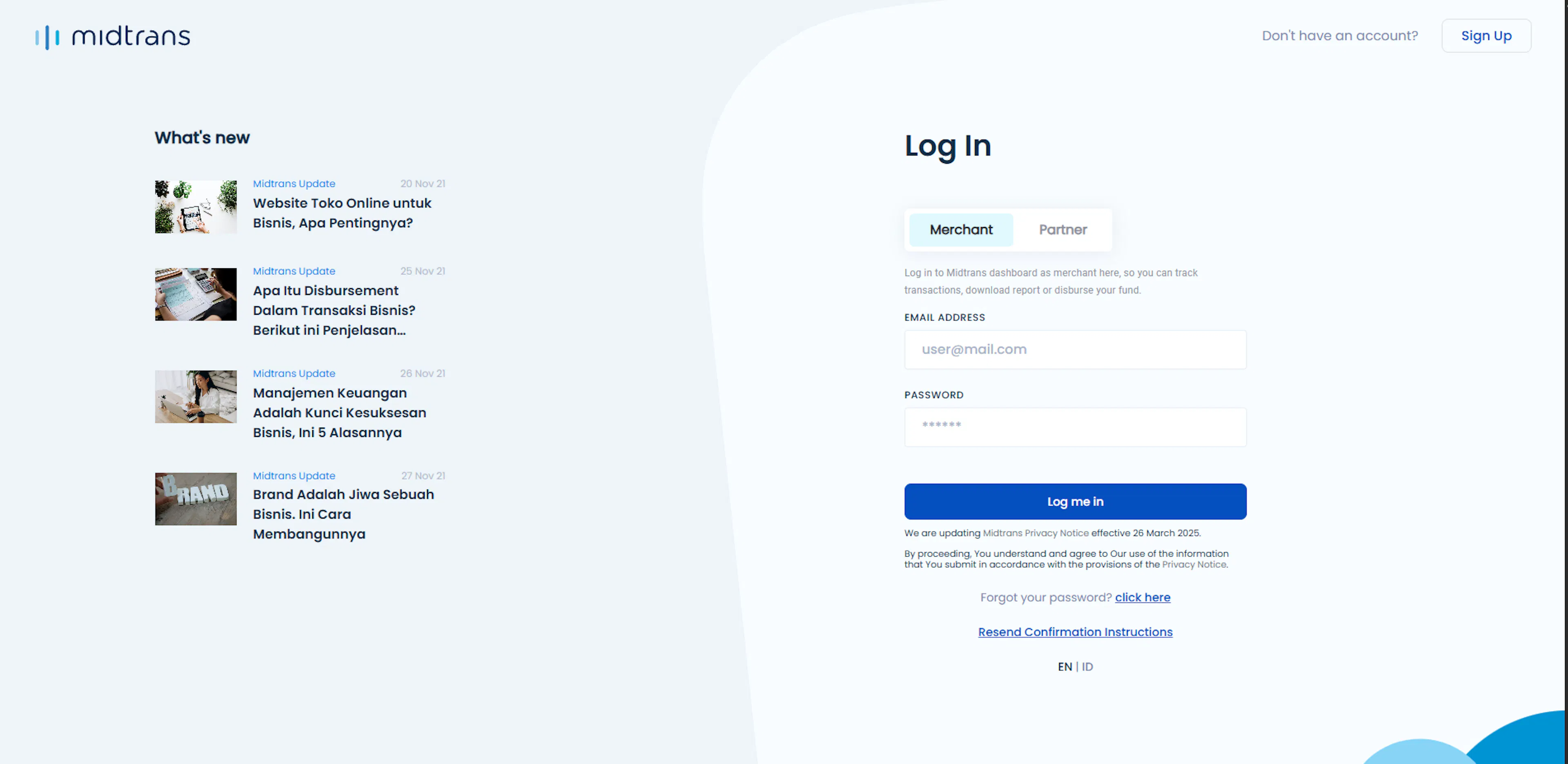 Midtrans dashboard login page
