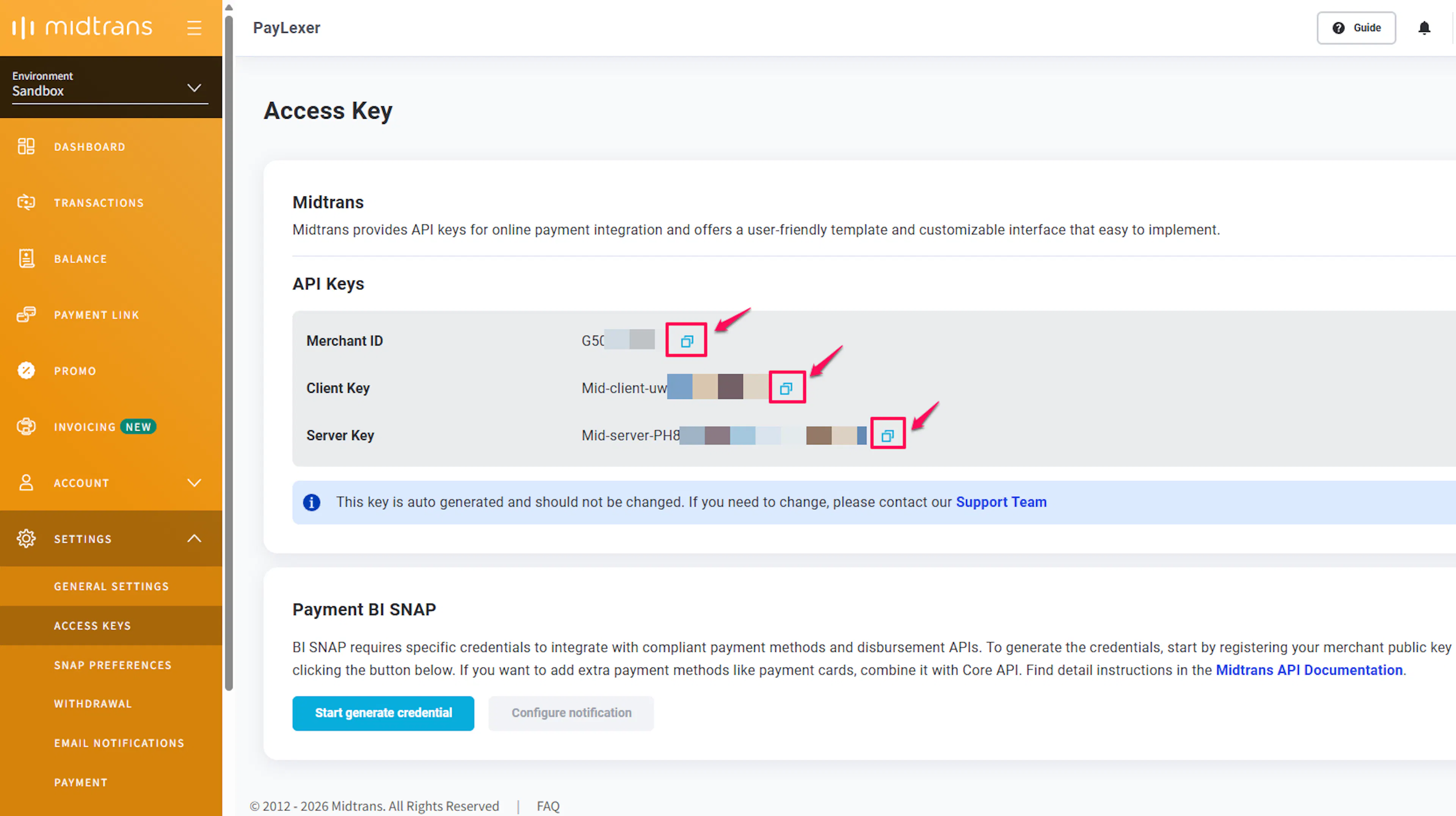 Midtrans Access Keys page showing Server Key and Client Key fields
