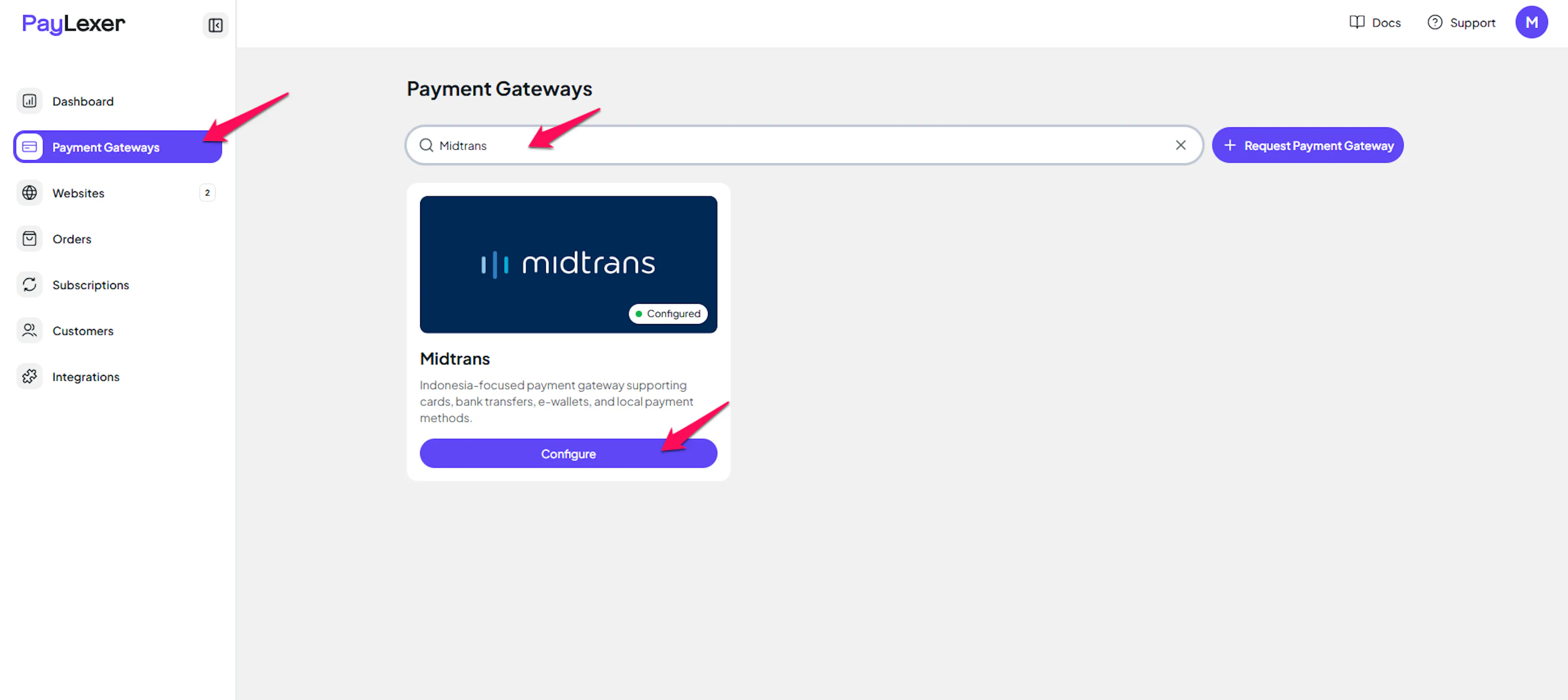 PayLexer Payment Gateways page with Midtrans option