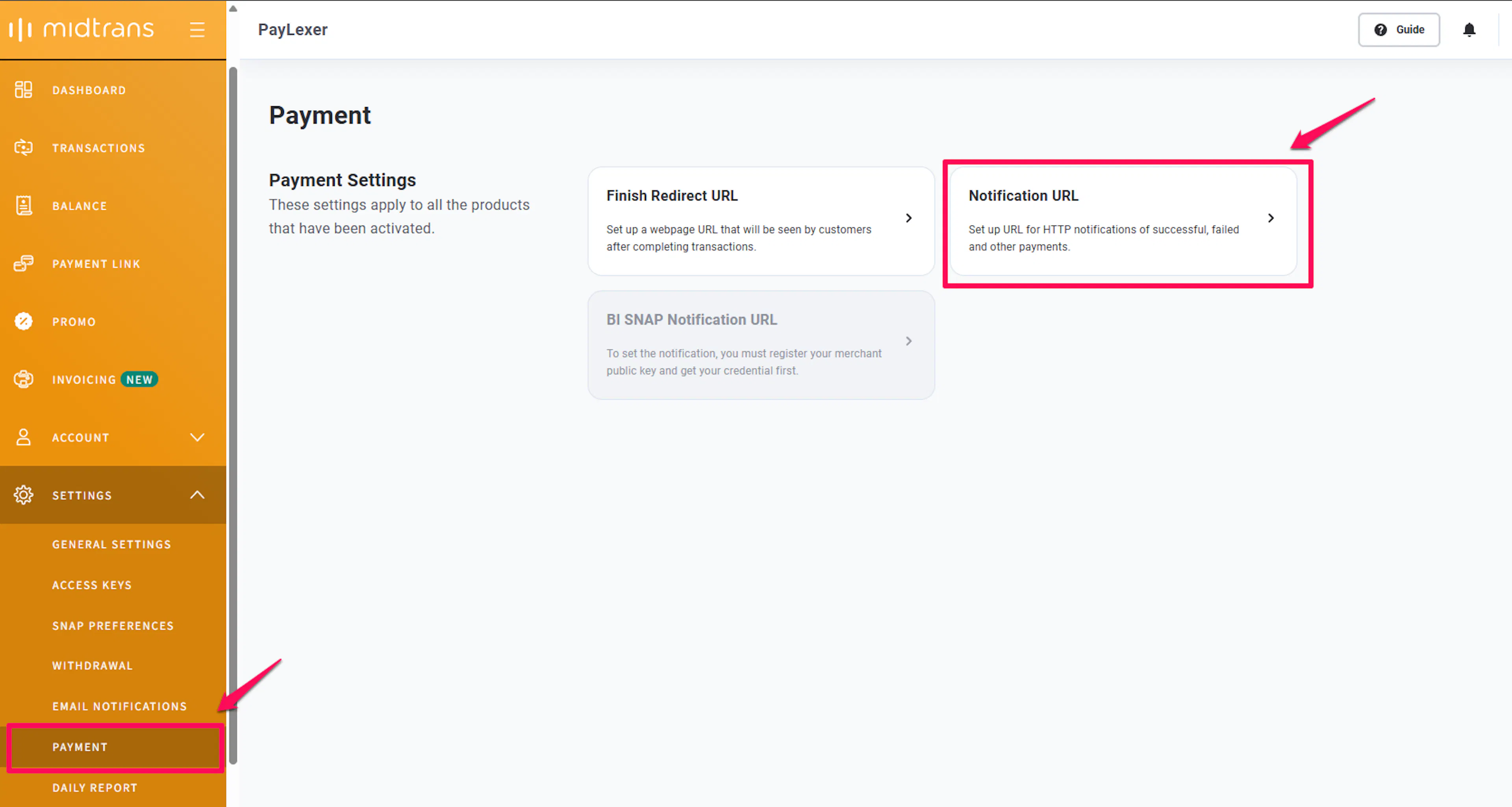 Midtrans Settings menu with Configuration option