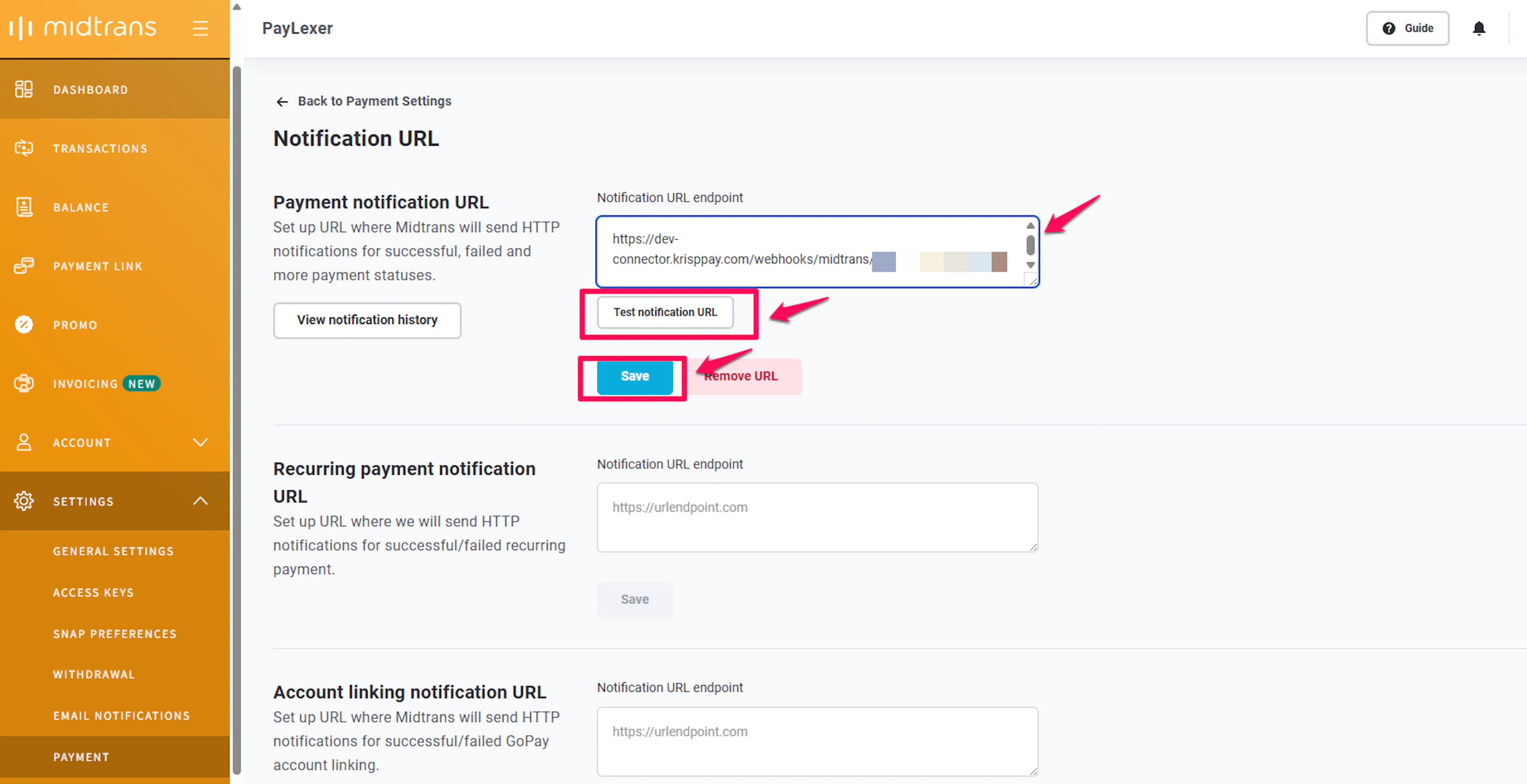 Midtrans Configuration page showing Payment Notification URL field