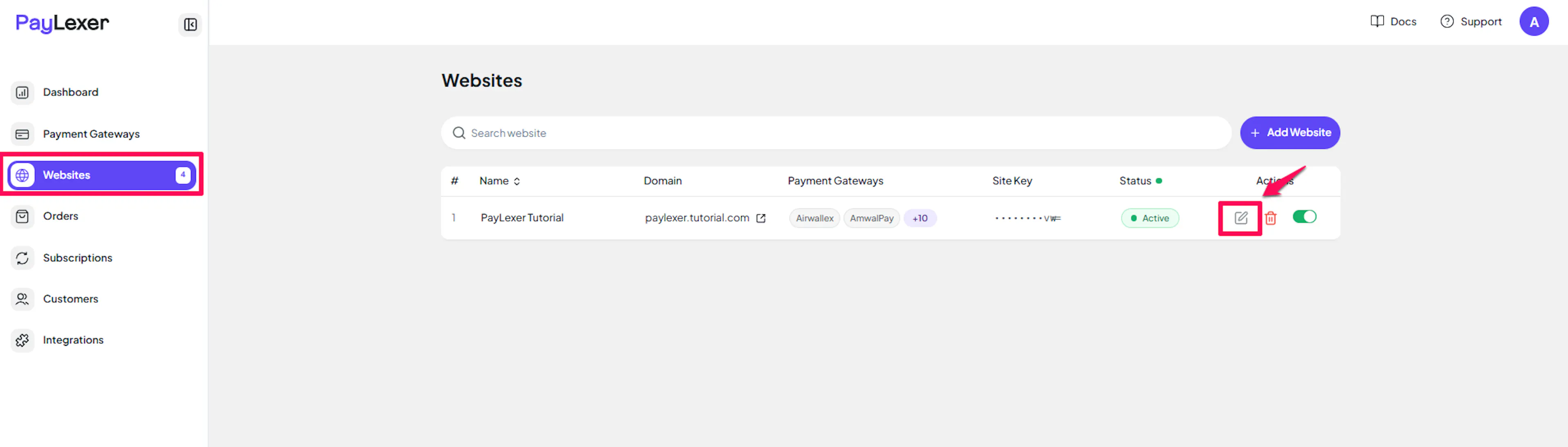 PayLexer Websites page showing added websites
