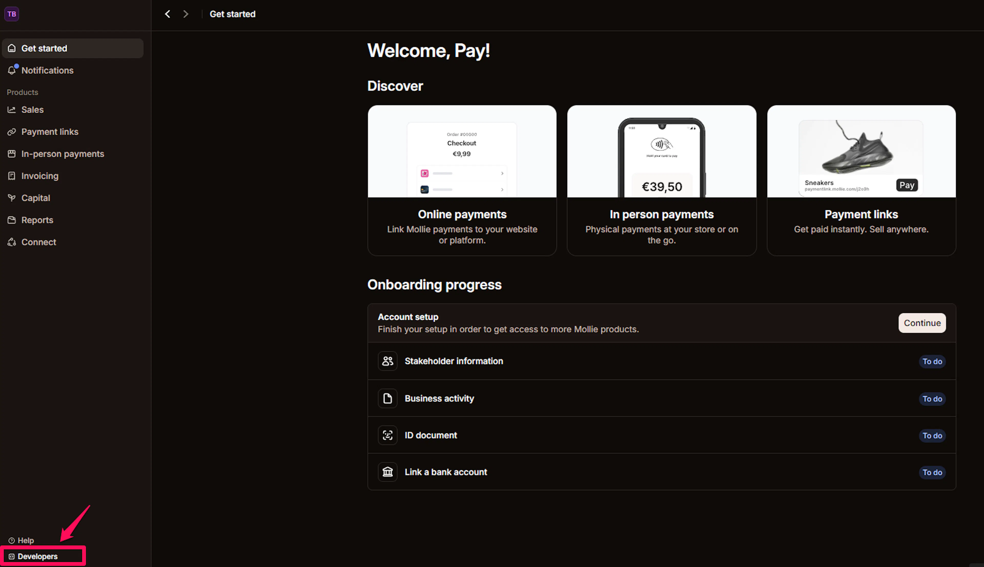 Mollie dashboard showing the Developers link at the bottom of the left sidebar