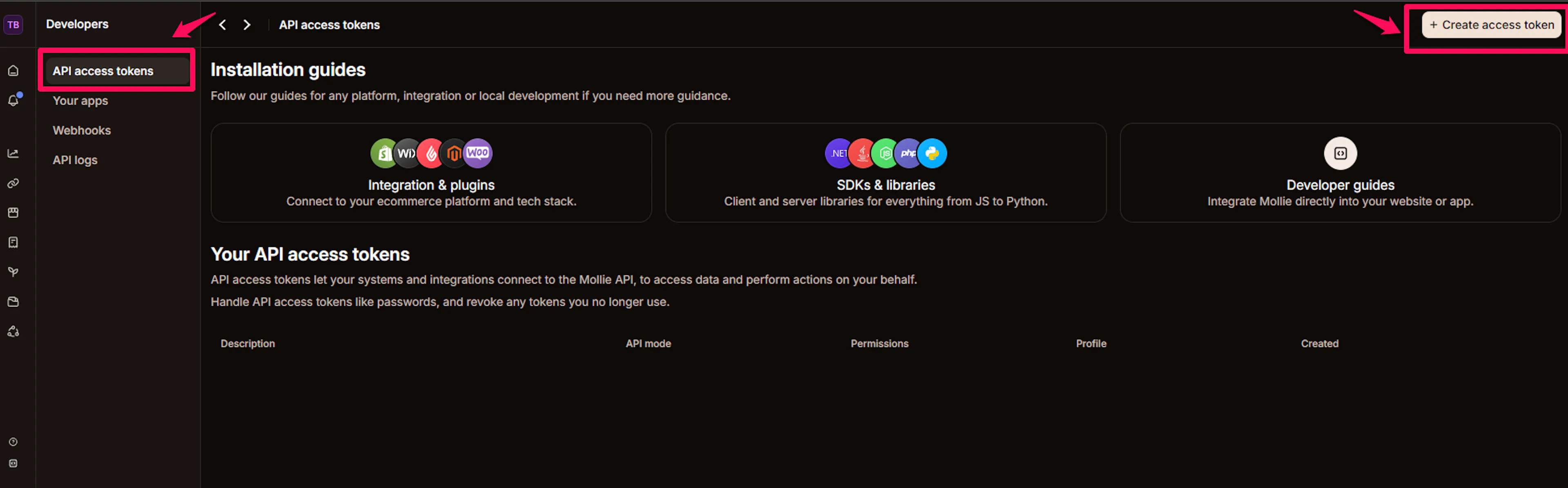 Mollie API access tokens page with the Create access token button in the top right corner