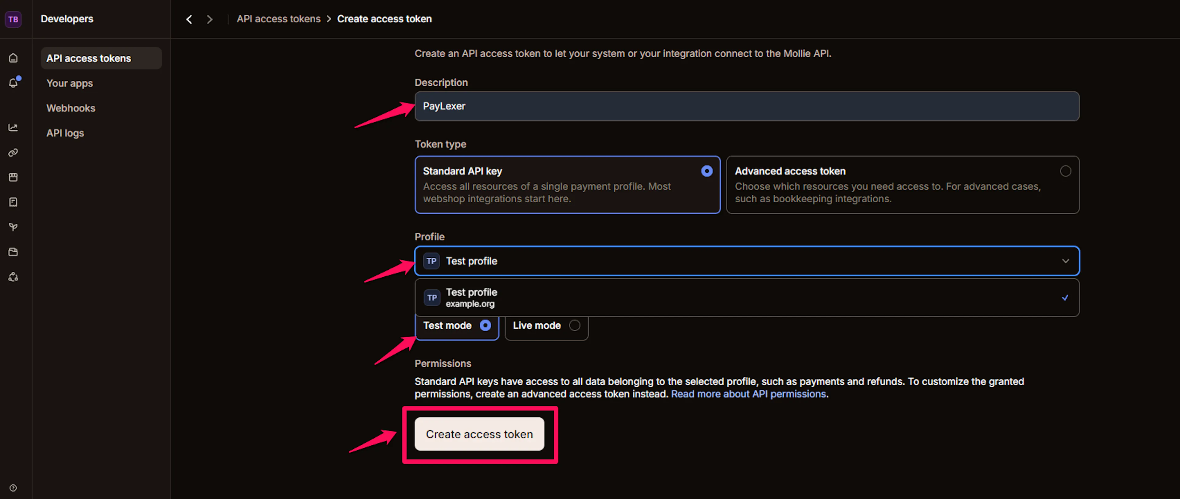 Create access token form showing Description, token type, Profile, and Live mode or Test mode selector