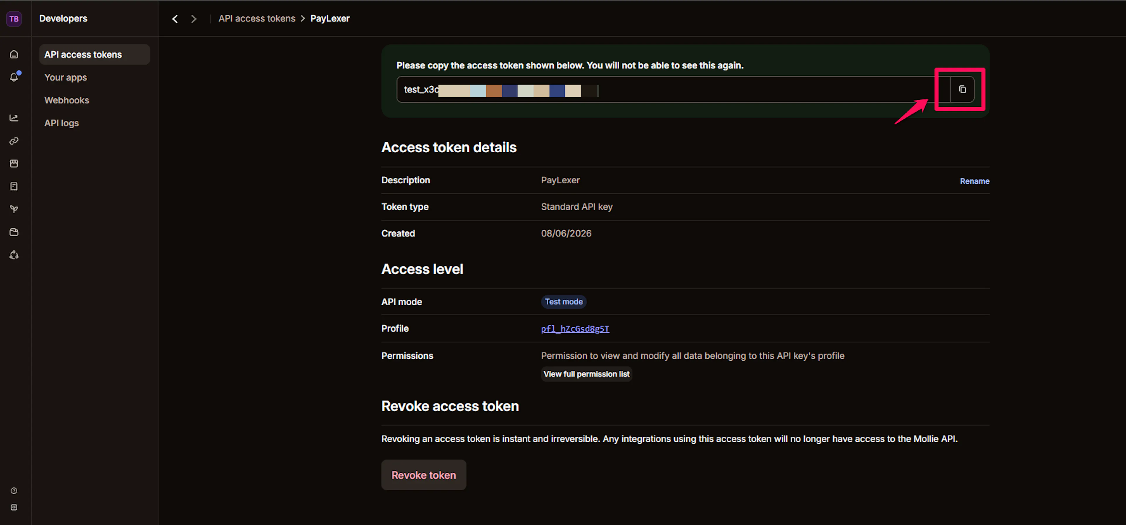 Newly created access token displayed once with the copy icon highlighted - this is the only time the key is shown