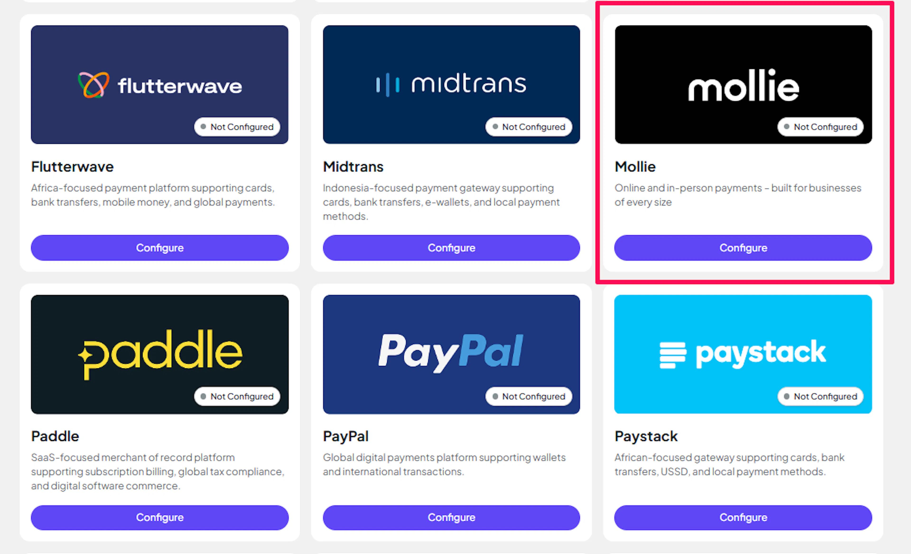 PayLexer Payment Gateways page with the Mollie gateway card highlighted and a Configure button
