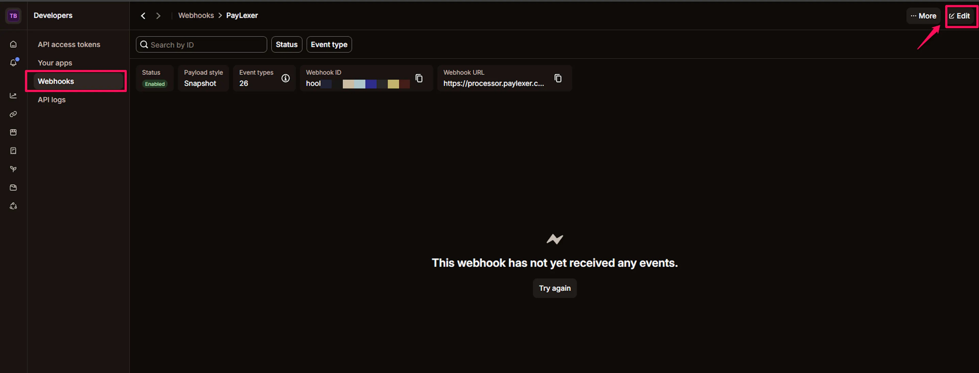 Mollie Developers Webhooks page showing the PayLexer webhook with its status, Webhook ID, and Webhook URL