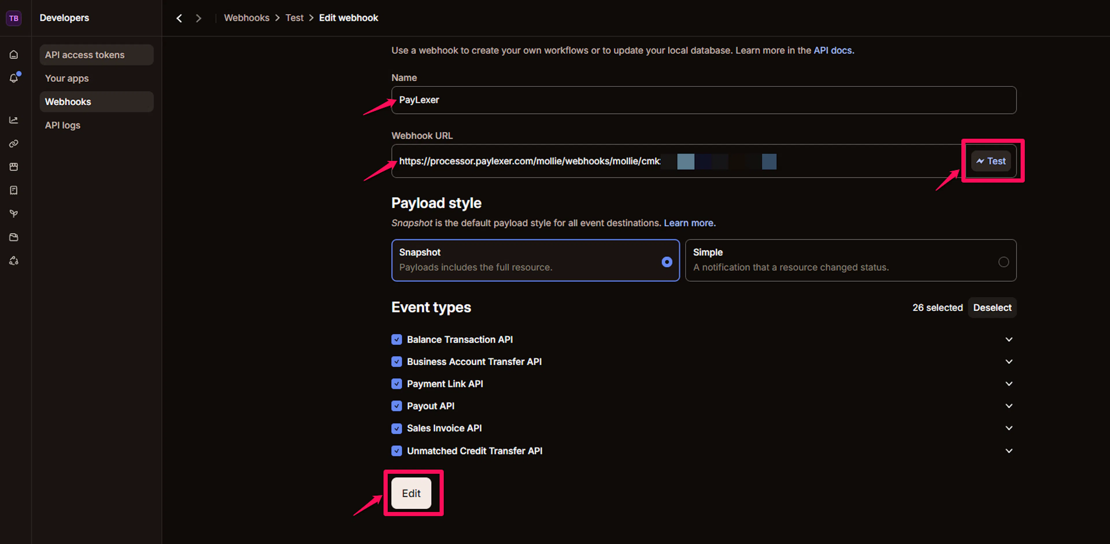 Mollie webhook form showing the Name field, Webhook URL field with the PayLexer URL pasted, Payload style, and Event types selections