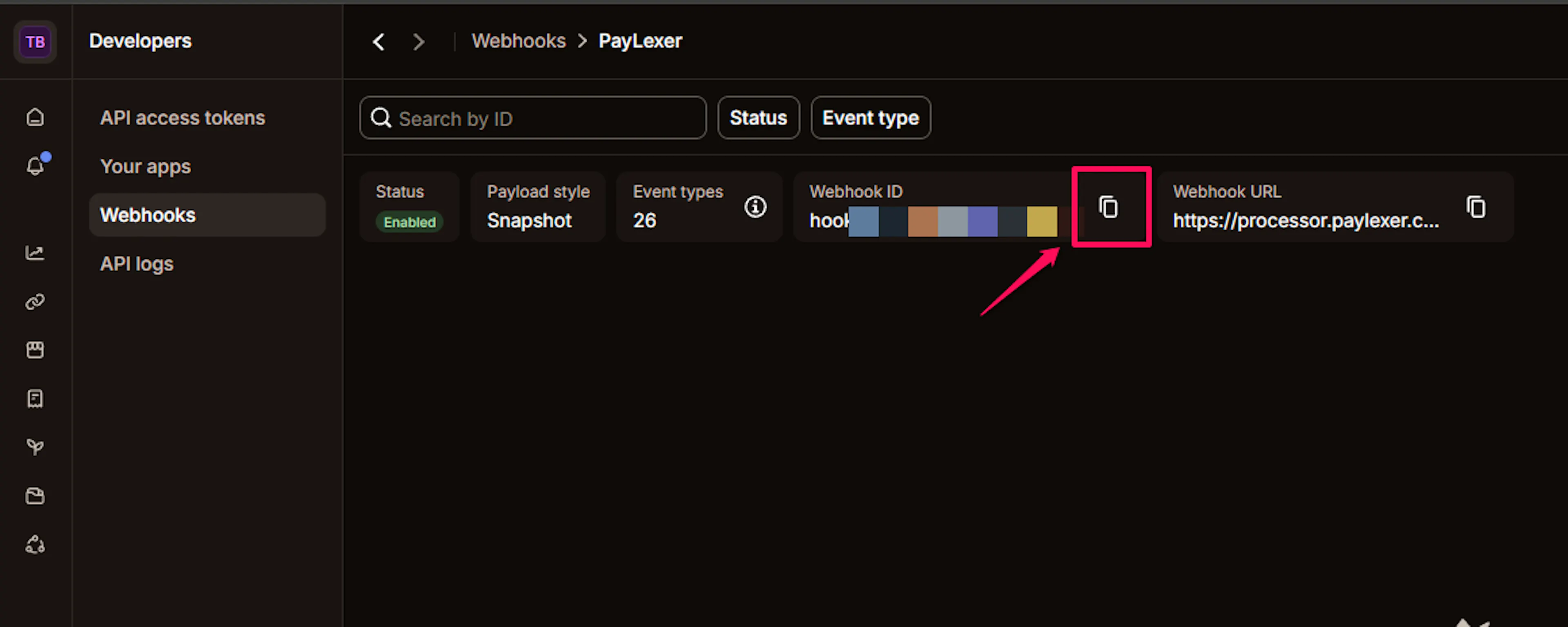 Mollie Webhooks page with the copy icon next to the Webhook ID highlighted