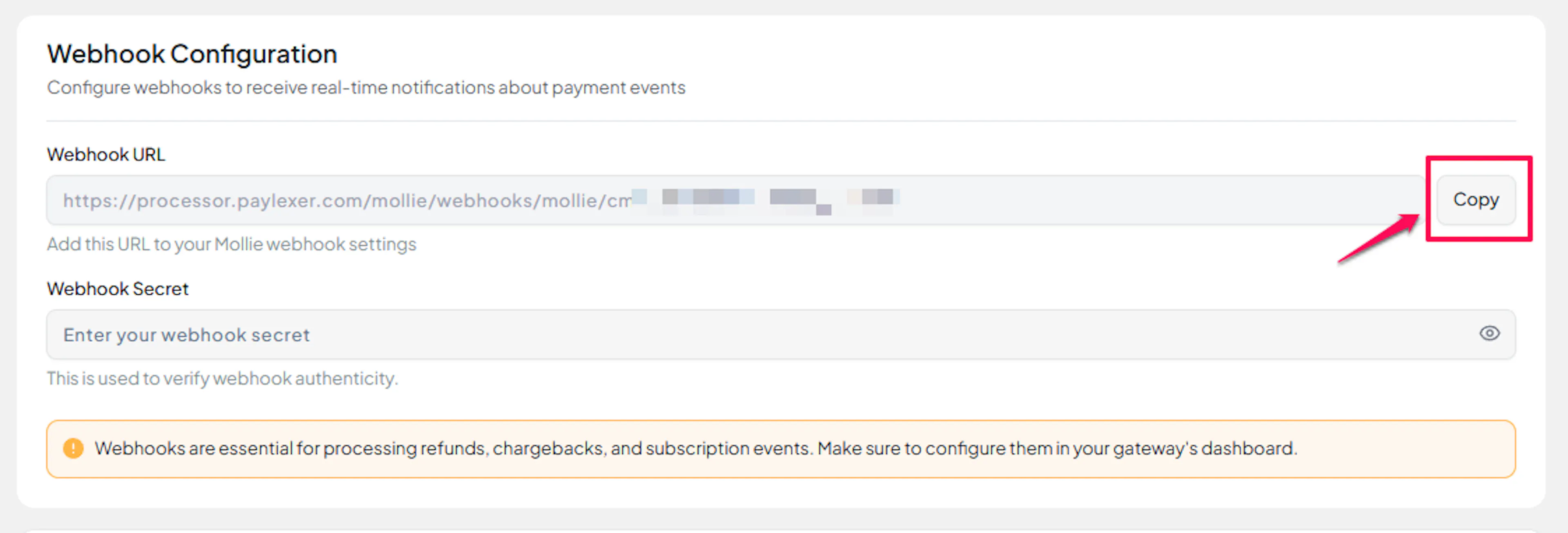 PayLexer Configure Mollie page showing the Webhook Configuration section with the Webhook URL and a Copy button