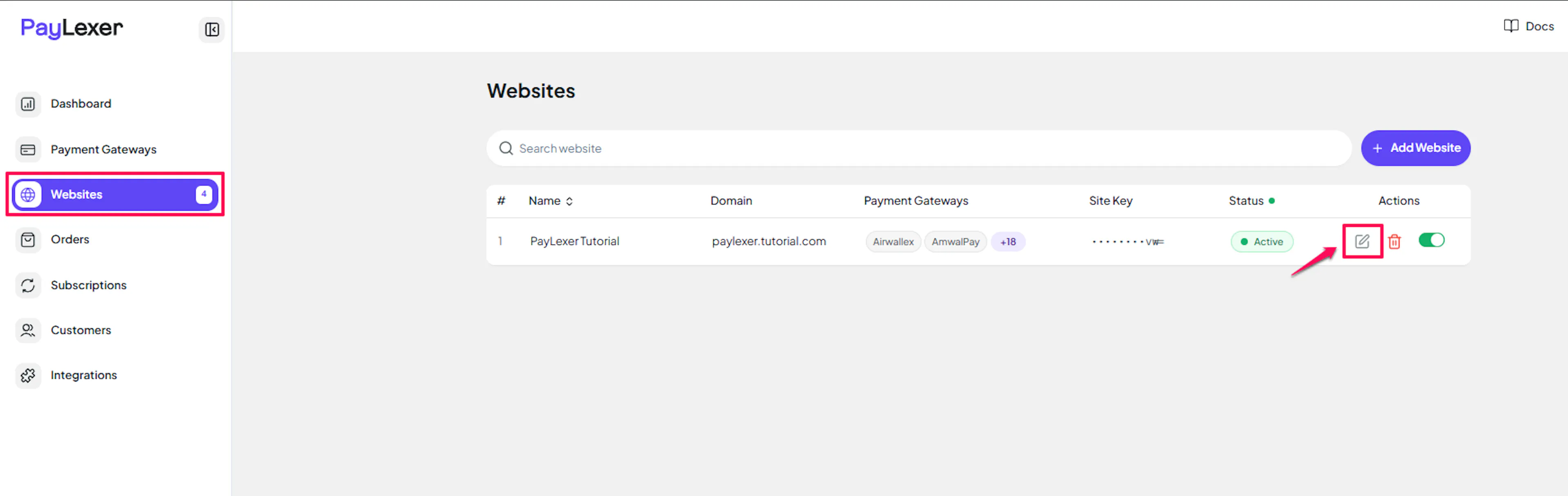 PayLexer Websites page showing a listed website with the edit icon highlighted