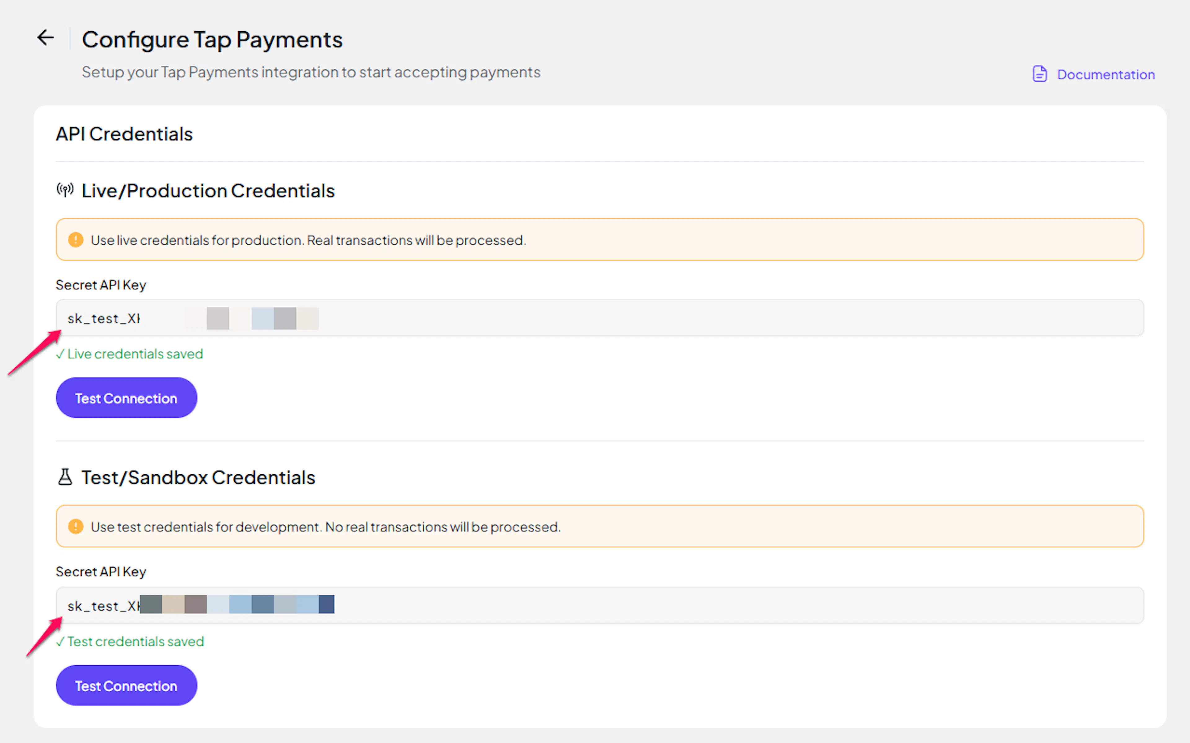 PayLexer Tap Payments credentials form with Live and Test Secret API Key fields