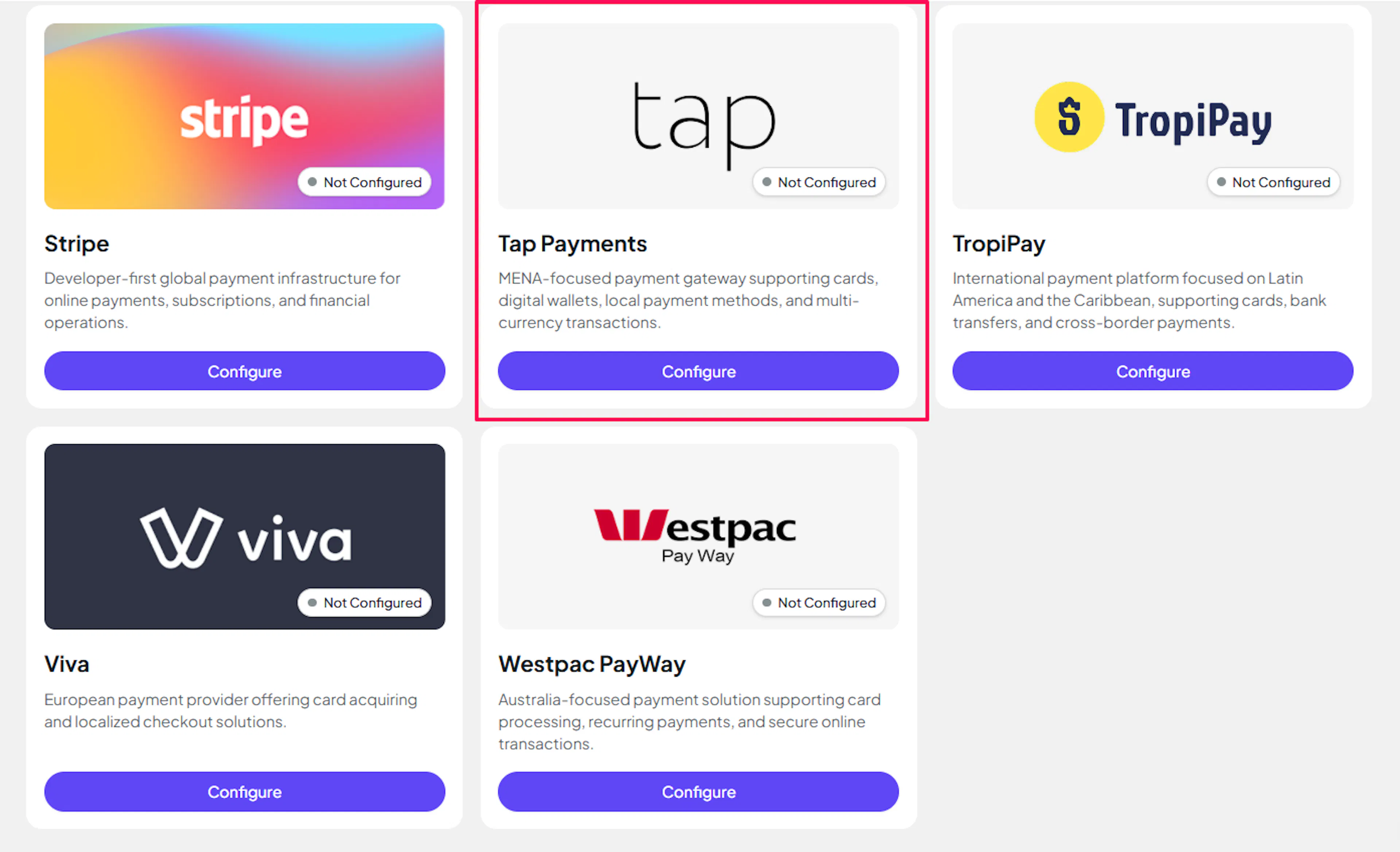 PayLexer Payment Gateways section with Tap Payments listed