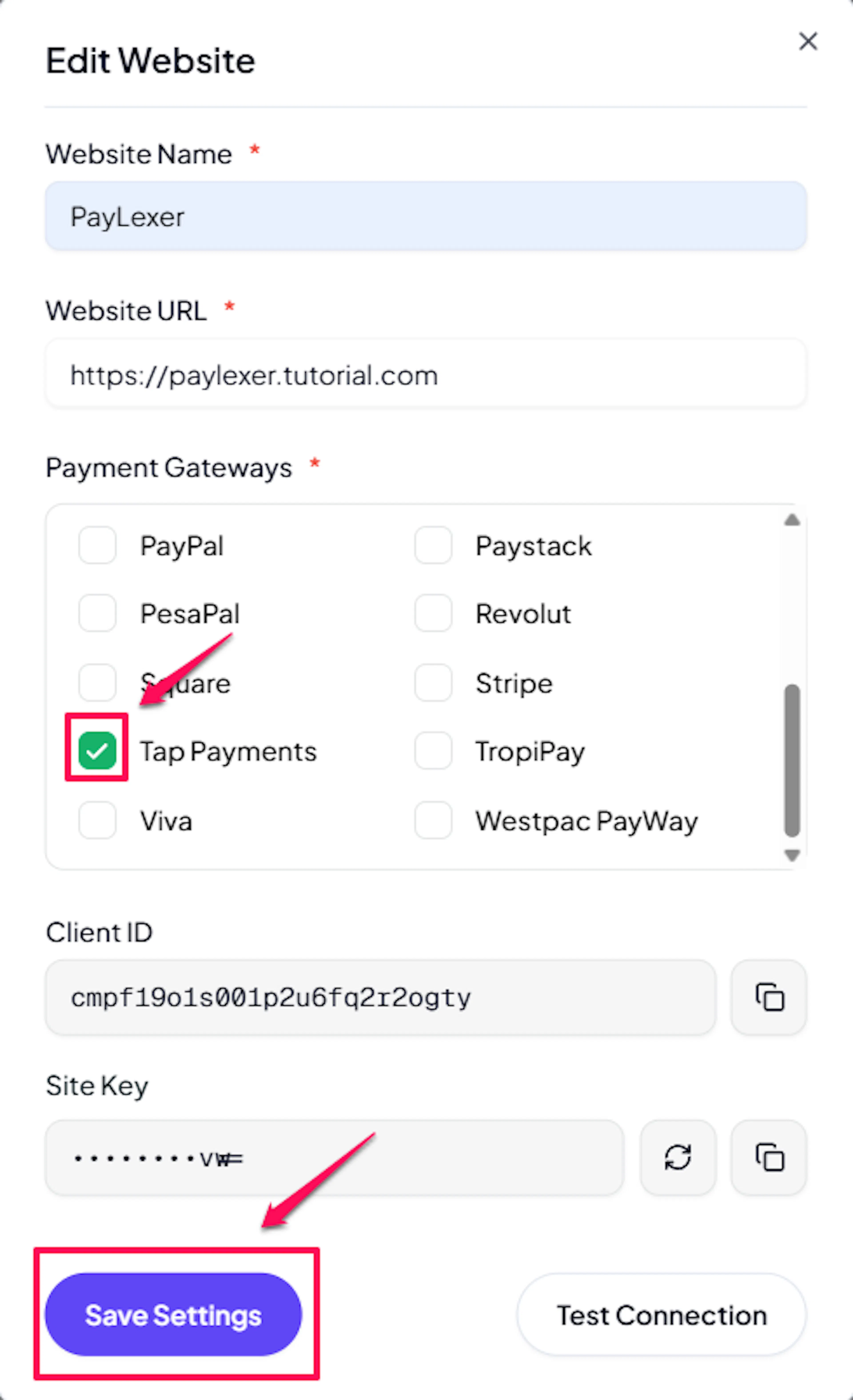 PayLexer website edit page with Tap Payments checkbox enabled