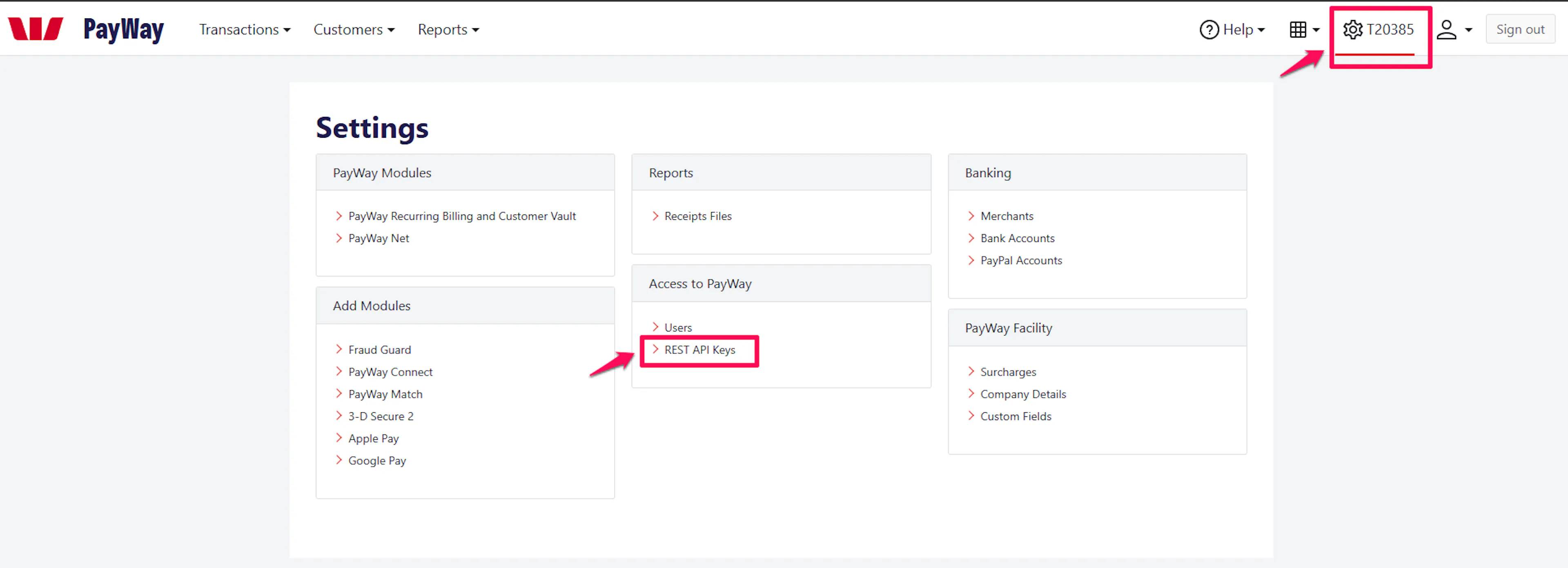 Westpac PayWay Settings page with REST API Keys highlighted under Access to PayWay