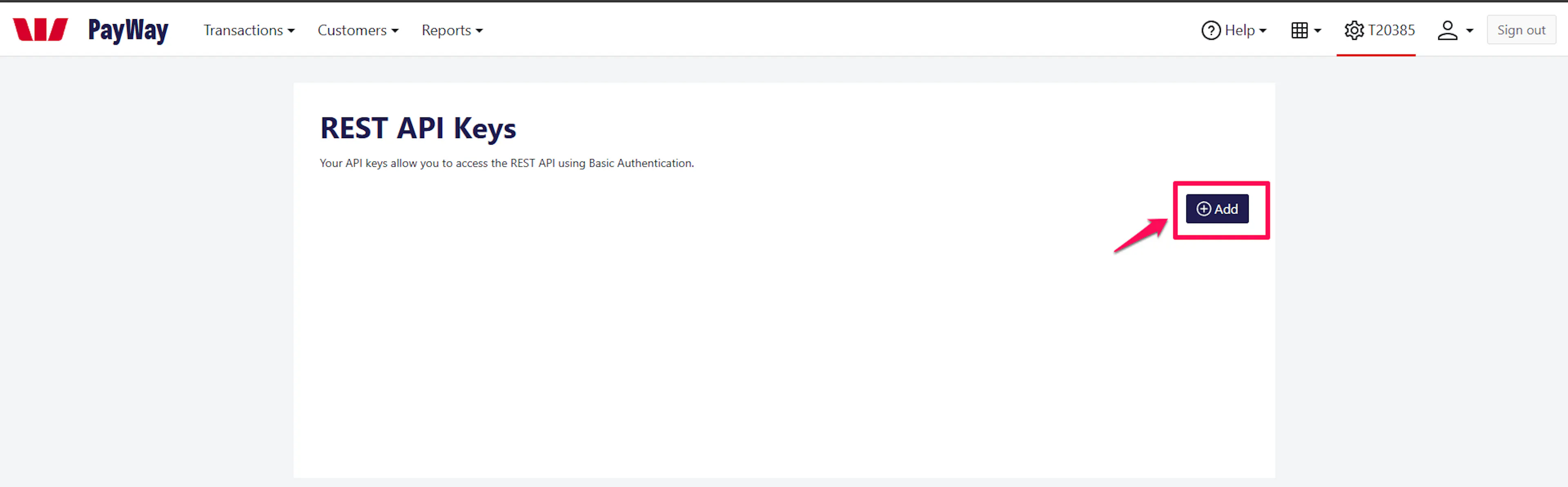 REST API Keys page showing the + Add button