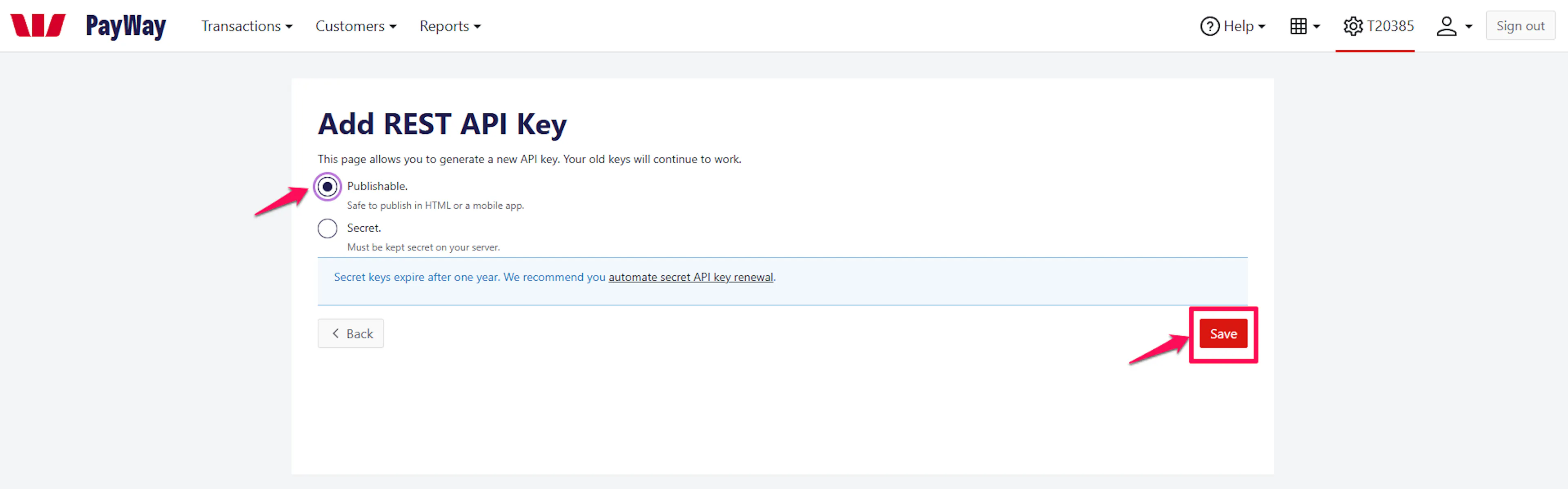 Add REST API Key form with Publishable option selected and Save button highlighted