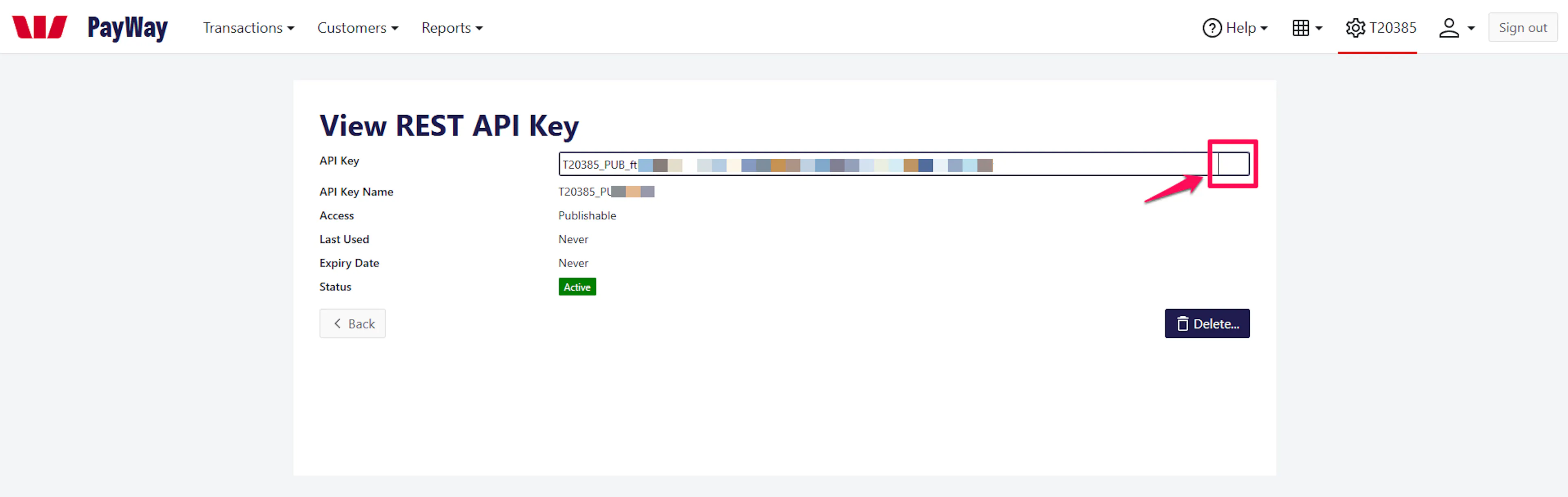 View REST API Key page showing Publishable API Key with copy button