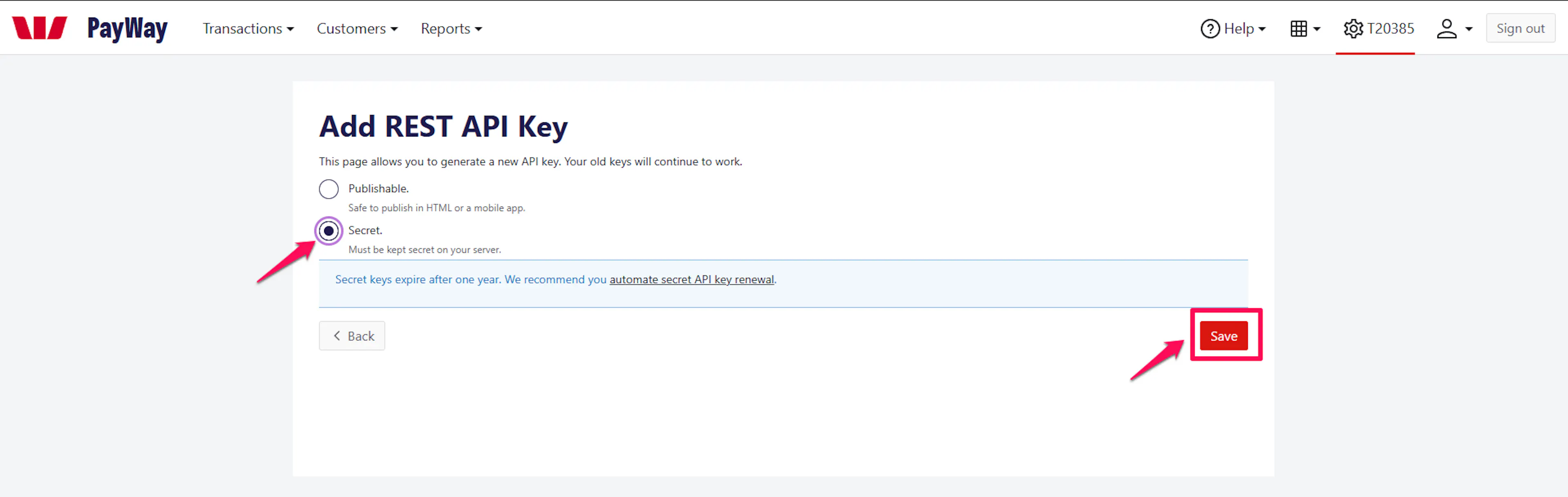 Add REST API Key form with Secret option selected and Save button highlighted