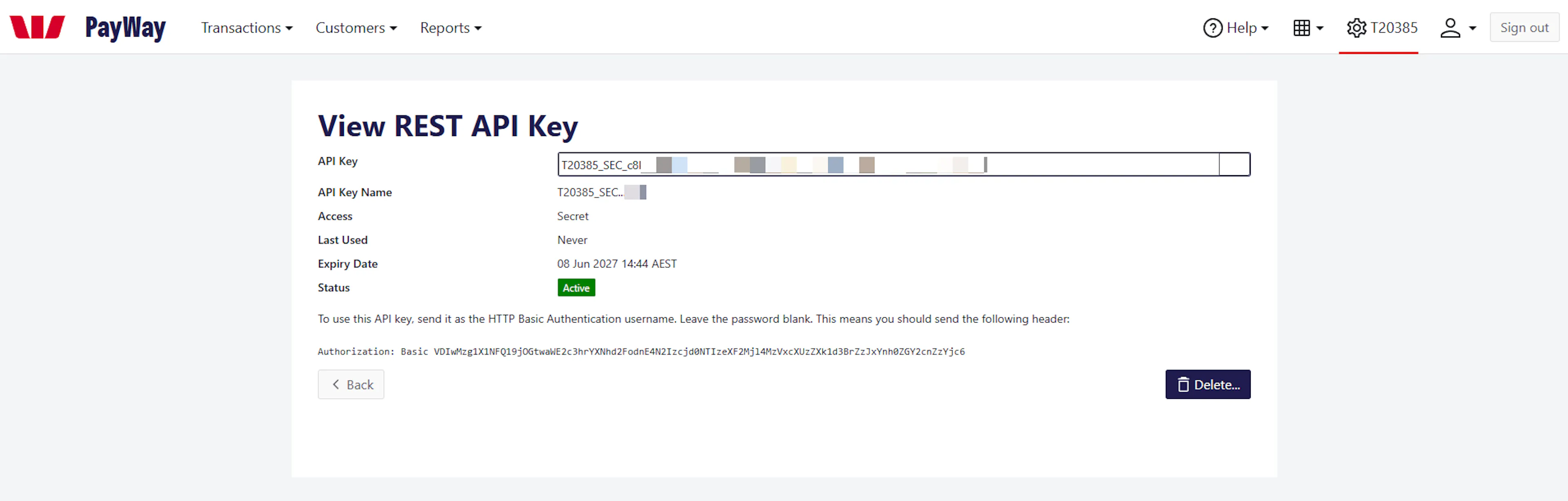 View REST API Key page showing Secret API Key with copy button