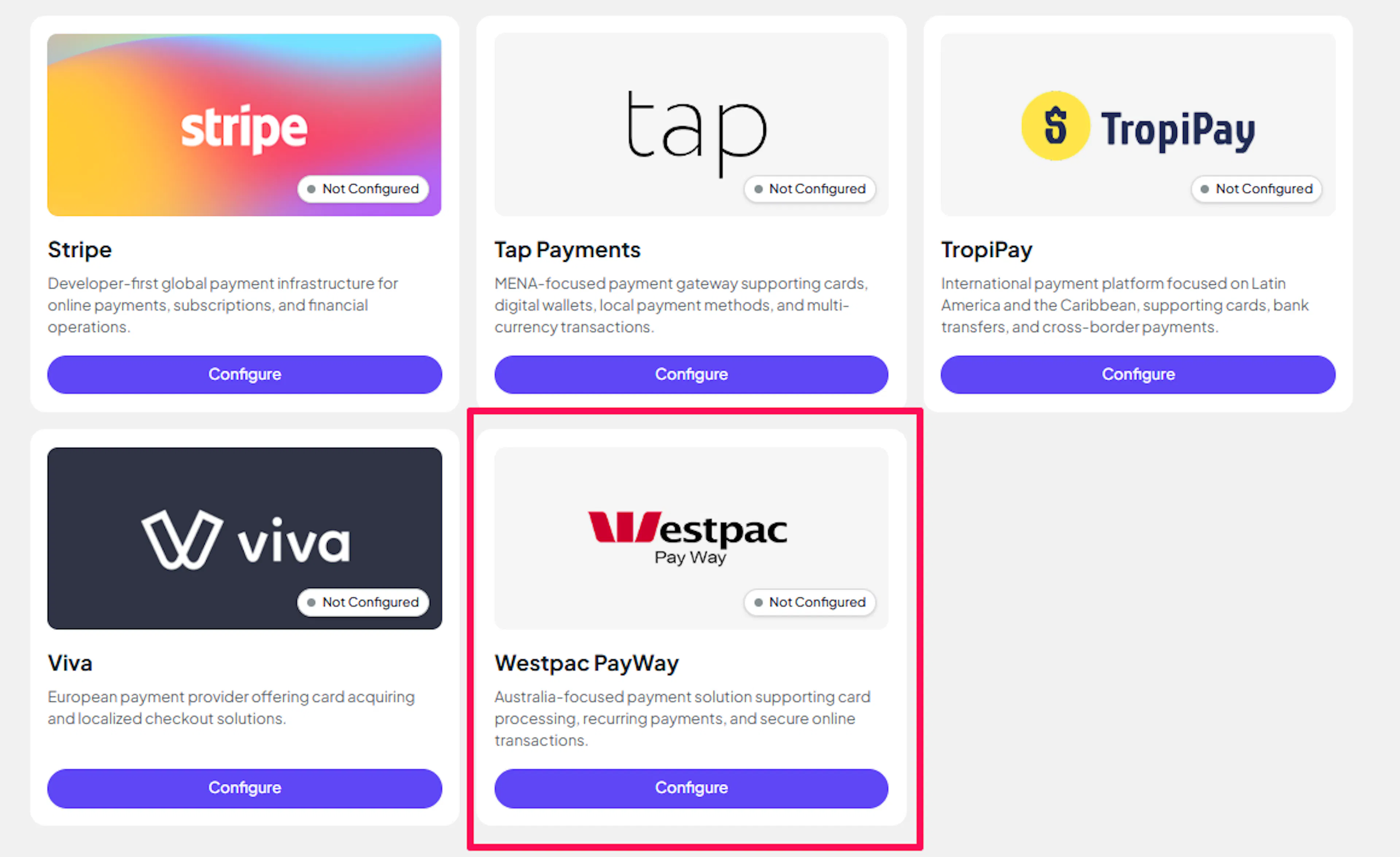 PayLexer Payment Gateways page with Westpac PayWay card highlighted