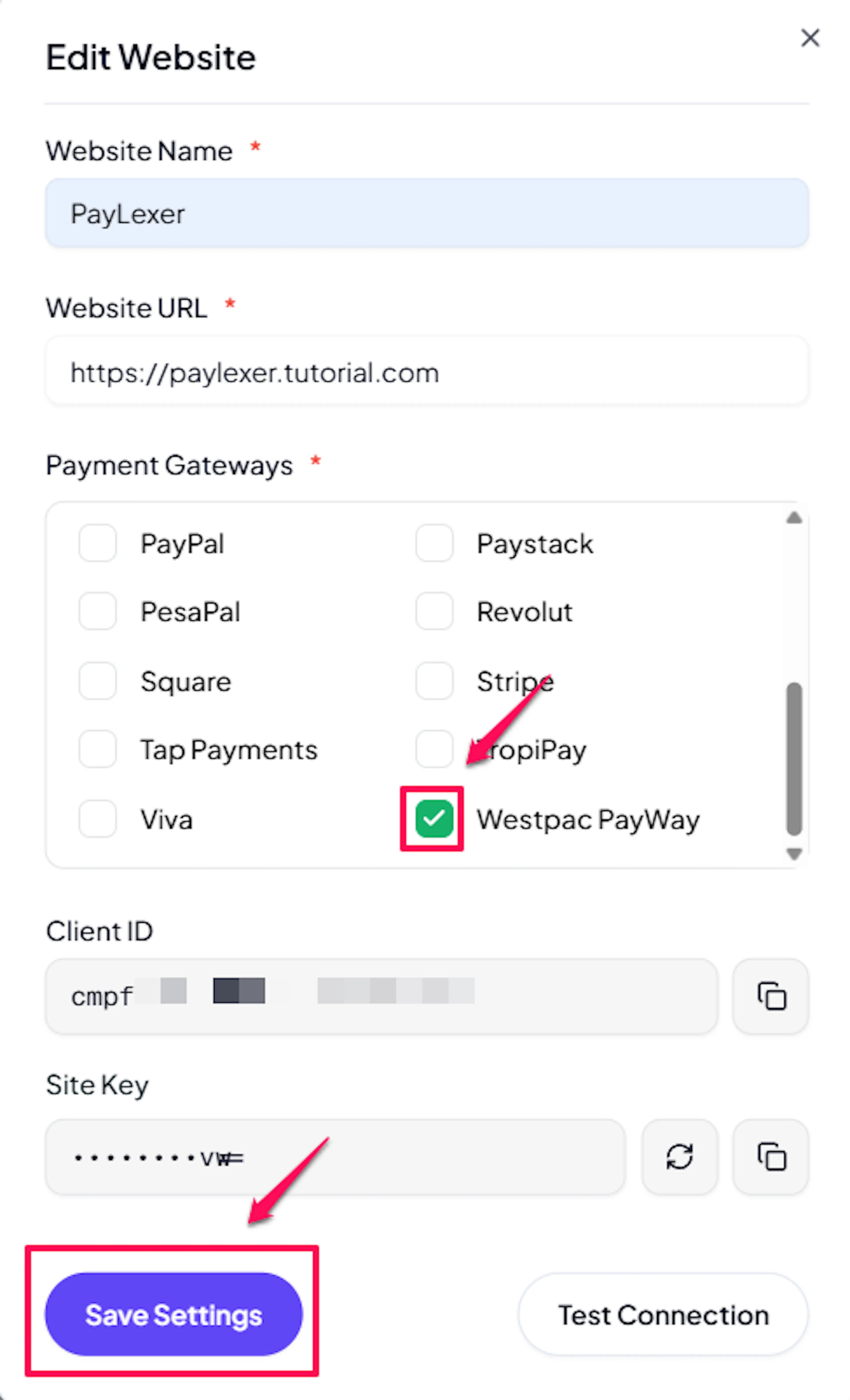 Edit Website modal with Westpac PayWay checkbox enabled and Save Settings button