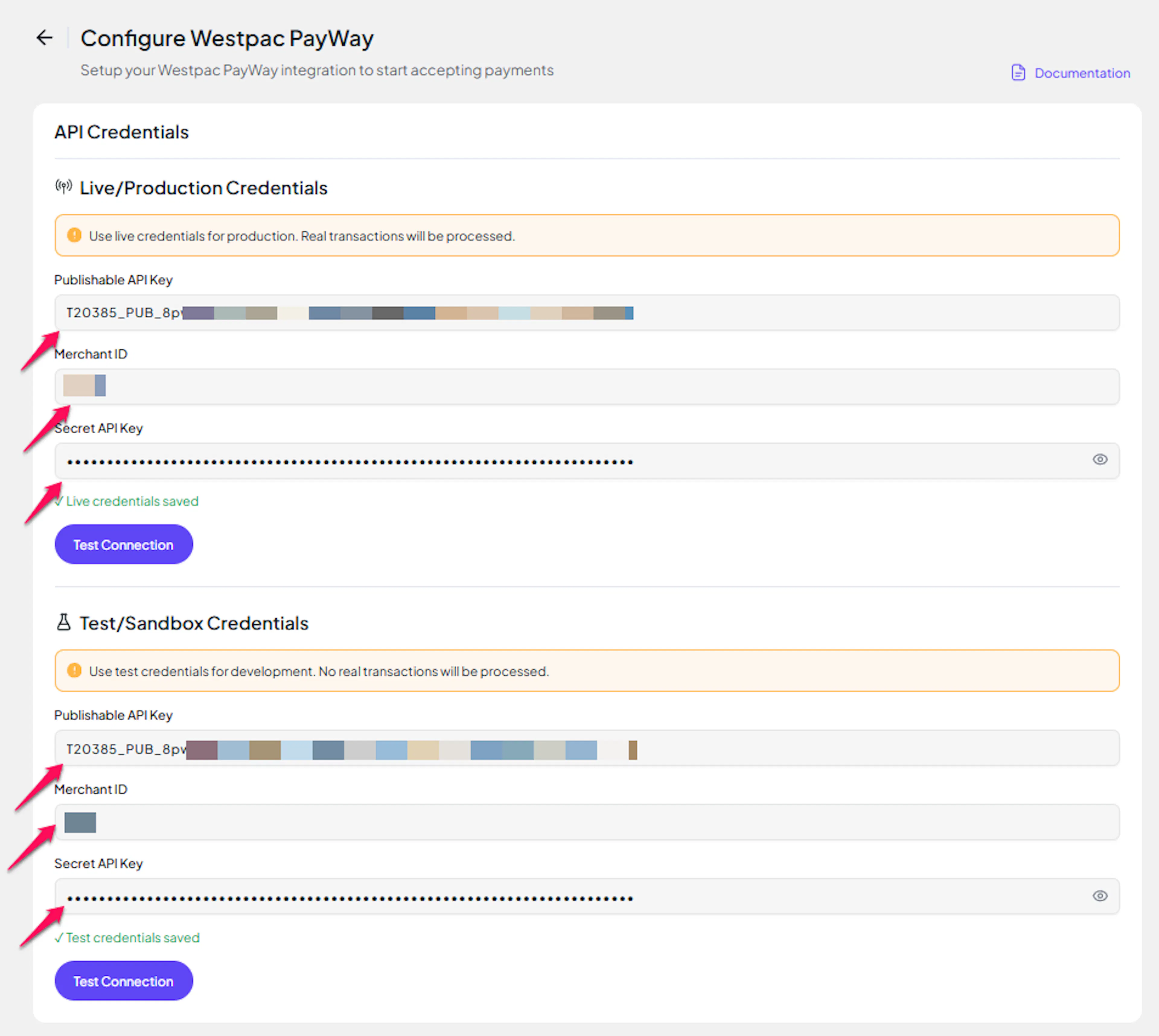 PayLexer Configure Westpac PayWay form showing Live/Production and Test/Sandbox credential fields