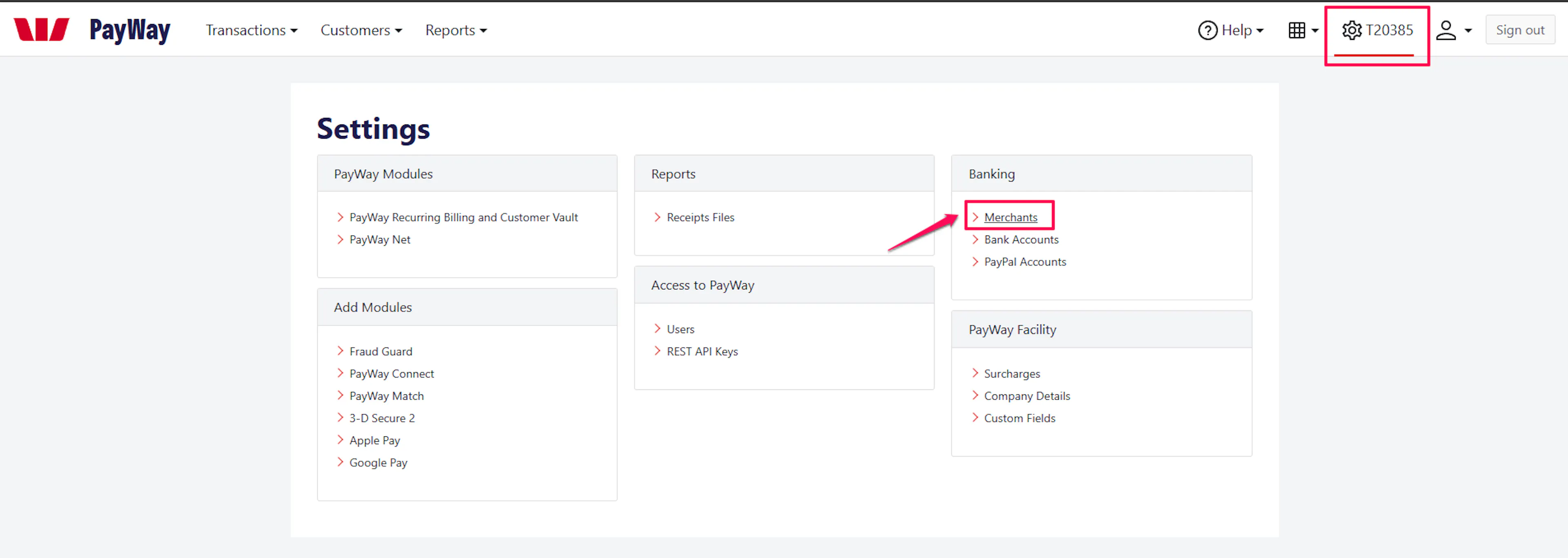 Westpac PayWay Settings page with Merchants highlighted under Banking